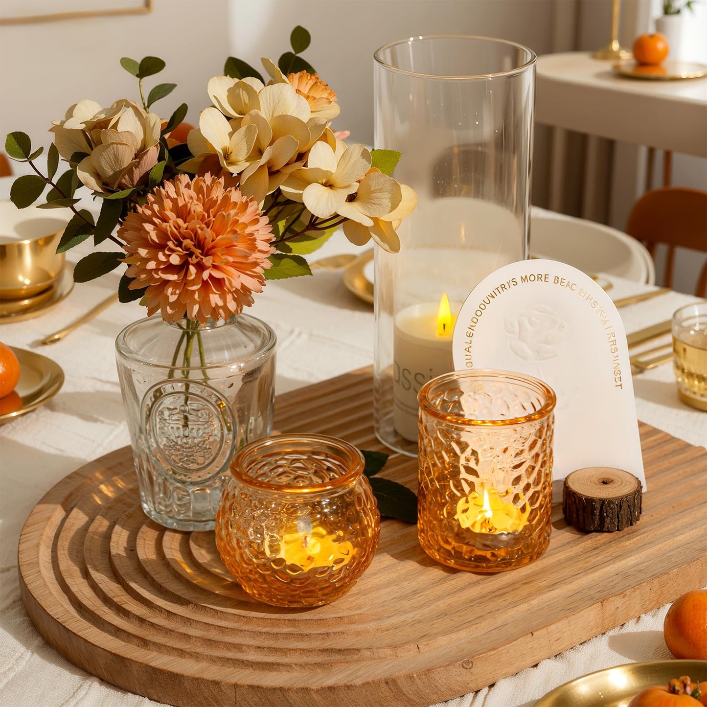 24-Piece Gold Glass Votive Candle Holders Set – Tealight Candle Holder Glass Bulk with 12 Round & 12 Hammered Textured Cups, Gold Votive Candle Holders for Weddings, Parties, Home