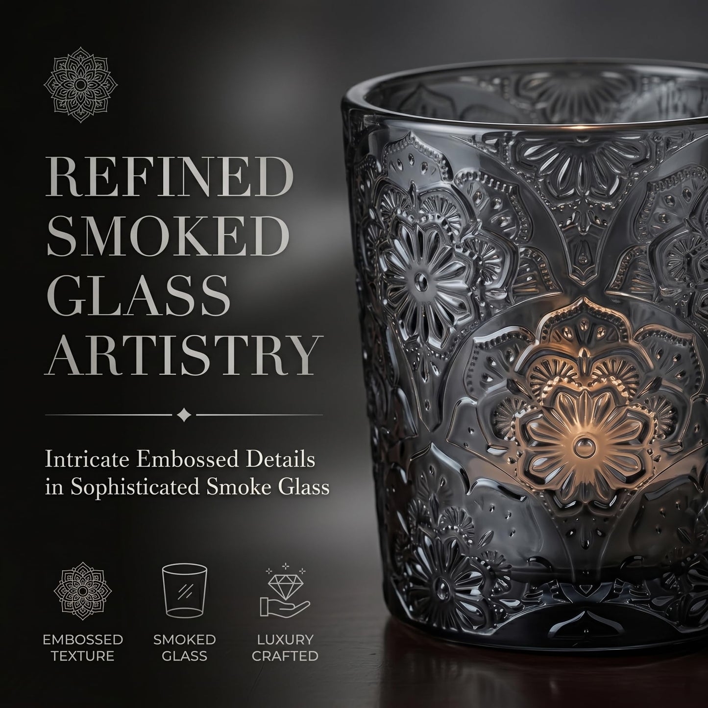 12 Pack Mandala Embossed Glass Candle Holders – Votive Tealight Holders with Patent Design, Decorative Embossed Glass Cups for Wedding Centerpieces, Parties, and Home Décor (Smoky Quartz)