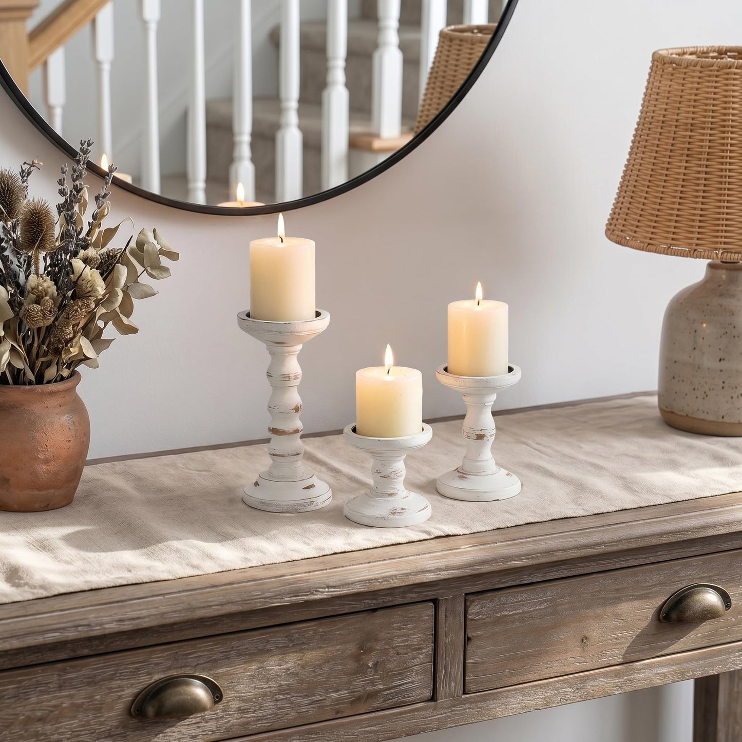 Romadedi Wood Candle Holders for Pillar Candles - Set of 3 Tall Farmhouse Wooden Candlestick Holder, Rustic Candle Stand for Fireplace Mantle Shelf Table Home Decor, Brown Whitewashed 3.9"/6"/ 8.3"