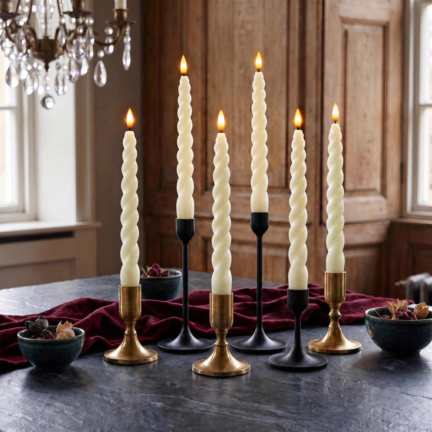 West Ivory Full Twisted Spiral Flameless LED Taper Candles – Ivory, Set of 6 – 2/4/6/8-Hr Timer (24-Hr Memory), Remote, Dimmable, Bottom On/Off Button, Flicker/Steady, Battery Operated