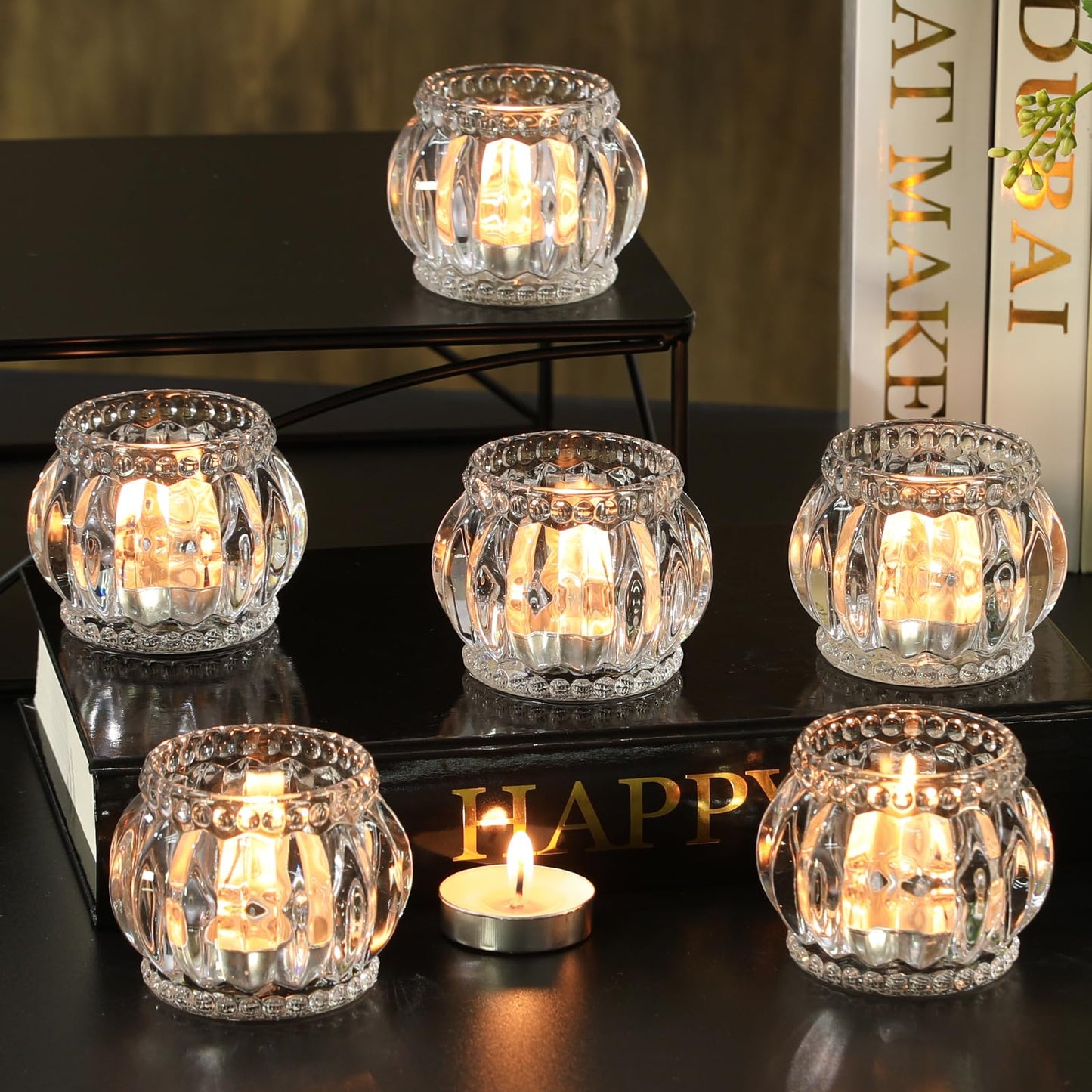 SHOHAYTO Set of 6 Glass Tea Light Candle Holders, Votive Candle Holders for Wedding Table Centerpieces, Tealight Holders for Christmas Party & Home Decor
