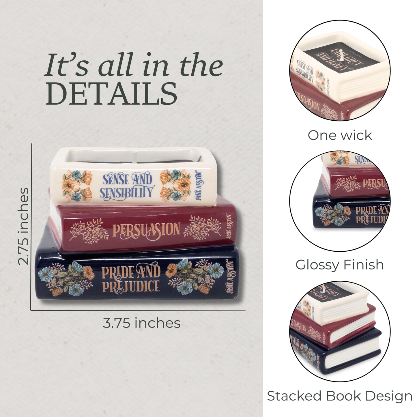 Steel Mill & Co Novelty Shaped Book Theme Scented Candle, Library Stack 6.5 oz Wax Candle with Notes of Earl Gray Tea and Honey, Unique Gift for Book Lovers (Jane Austen)