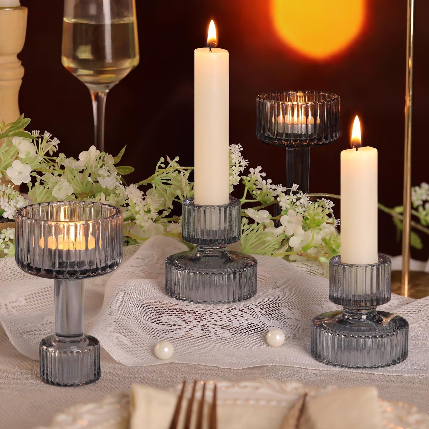 Candlestick Holders Bulk, 6 Pcs Blue Combination Candle Holders Set, Crystal Candle Holders for Wedding, Table Centerpiece, Home Decoration