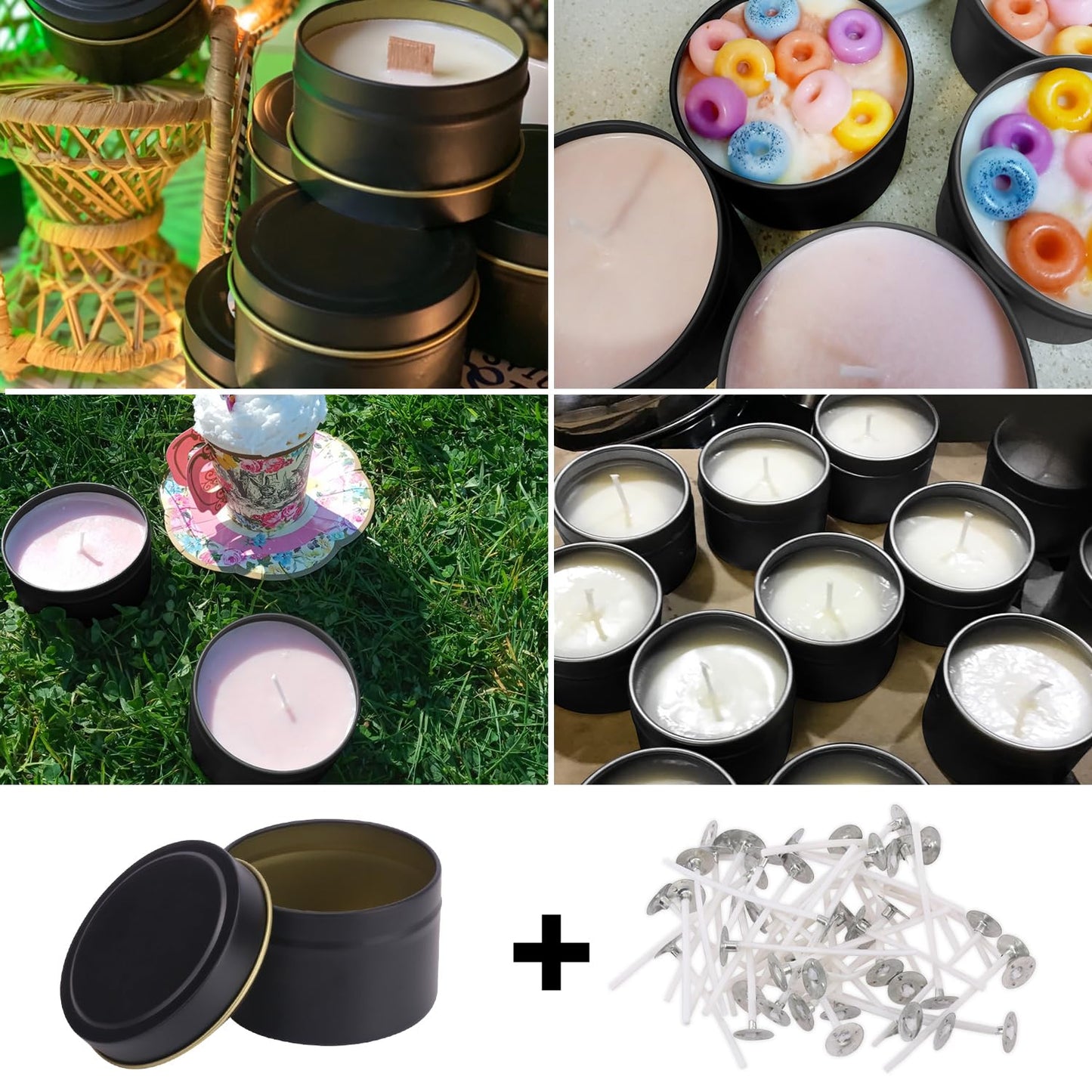 Biugaaufai 48 Pack 4 oz Black Metal Candle Tins with Lids and Wicks, Round Bulk Metal Candle Making Jar, Round 4 oz Candle Tins for DIY Candle Making and Storage