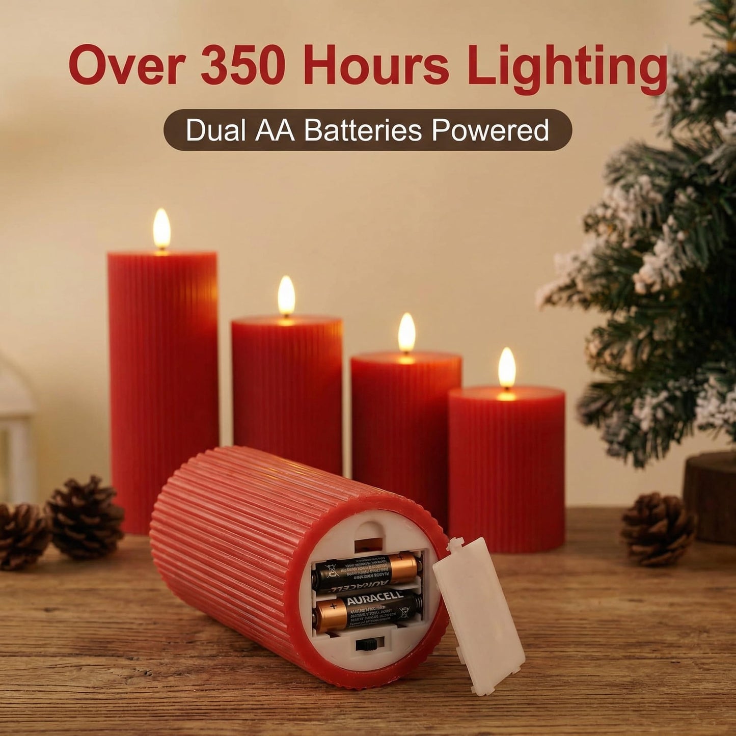 Girimax Red Ribbed Flameless Pillar Candles with Remote, Flat Top Flickering LED Wax Candles Battery Operated Set of 4