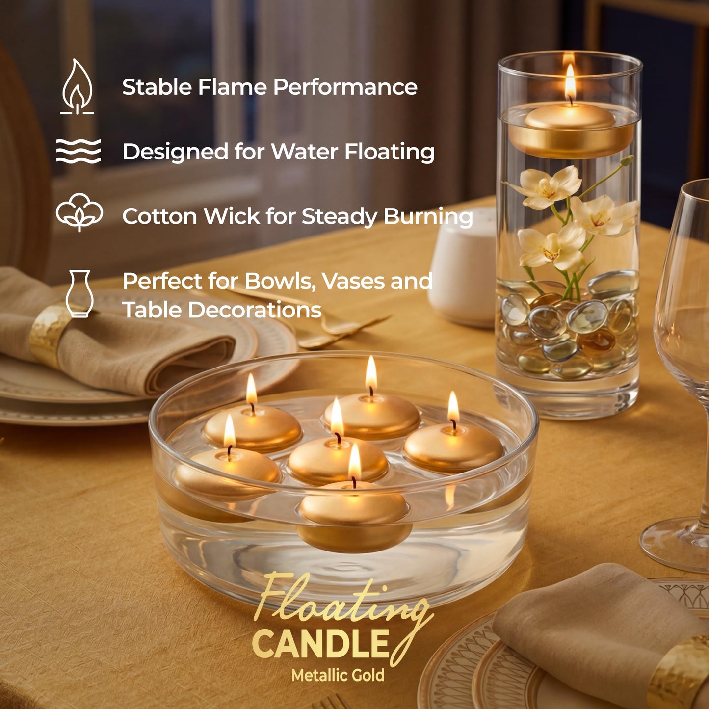 SECEL Pack of 24 Floating Candles 2 Inch 4+Hours Paraffin Wax%100 Cotton Wick Dripless & Smokeless Home Decor, Wedding Decorations, Valentine Decors, Birthday Dinners, Celebrations