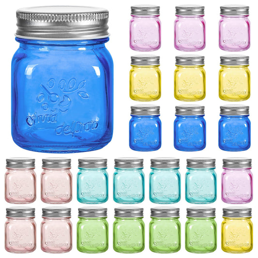 Amzcku Mini Colored Mason Jars 5 oz with Metal Lids - Glass jar for Jam, Honey, Candle, Canning, Wedding Favors, Shower Favors, Food Storage, Jelly, DIY Spice Jars, 24 Pack…