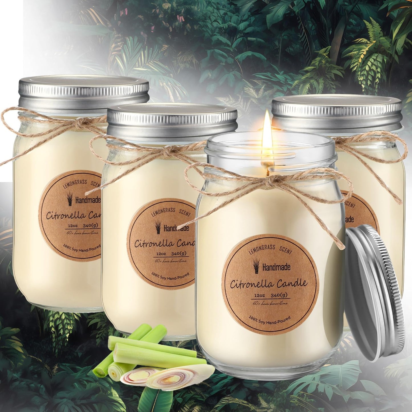 MTLEE 4 Pcs Citronella Candles Outdoor 12 oz Citronella Scented Jar Candles Decorative with Silver Lid for Outdoor Patio Deck Backyard Camping
