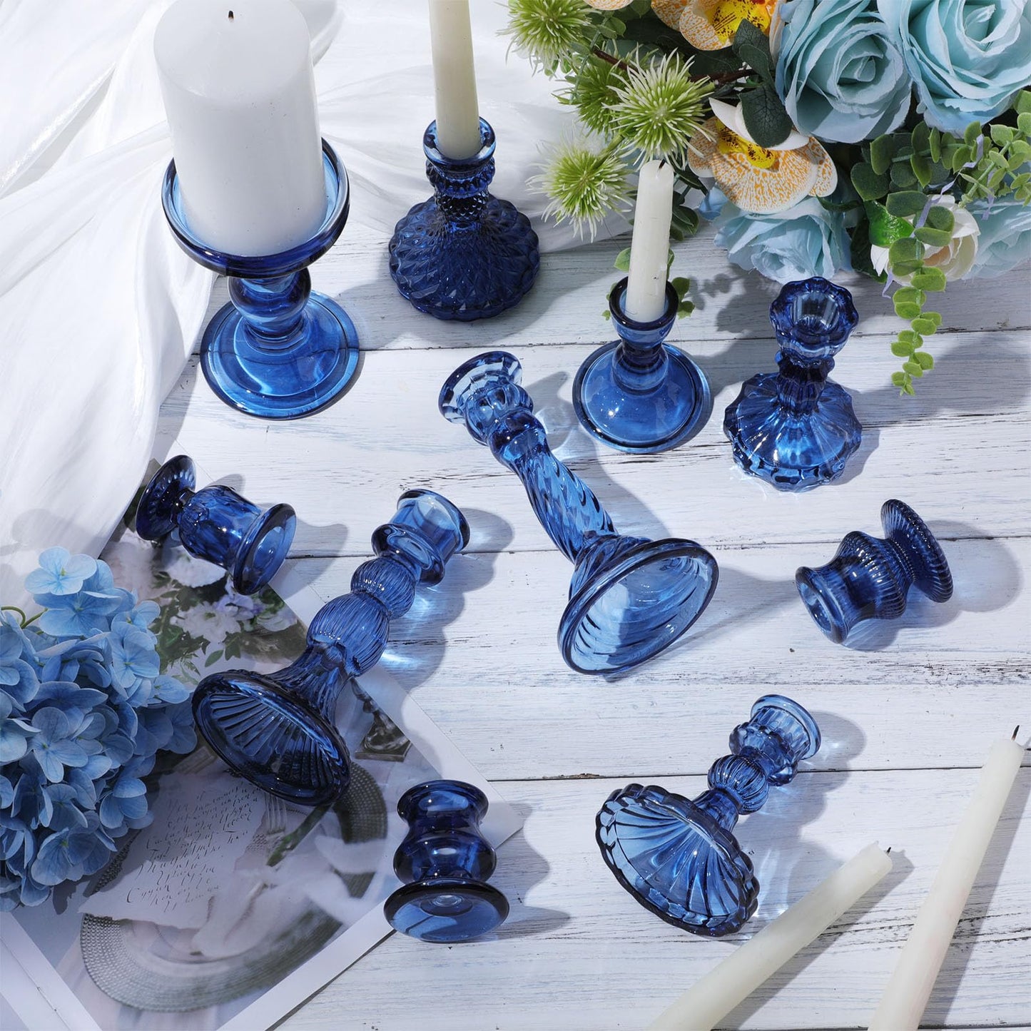 Mumufy 20 Pcs Glass Crystal Taper Candle Holders Clear Glass Candlestick Holder Fit 0.8 Inch Candles Crystal Decorative Candle Stand Centerpiece Table Wedding Dining Party (Blue)