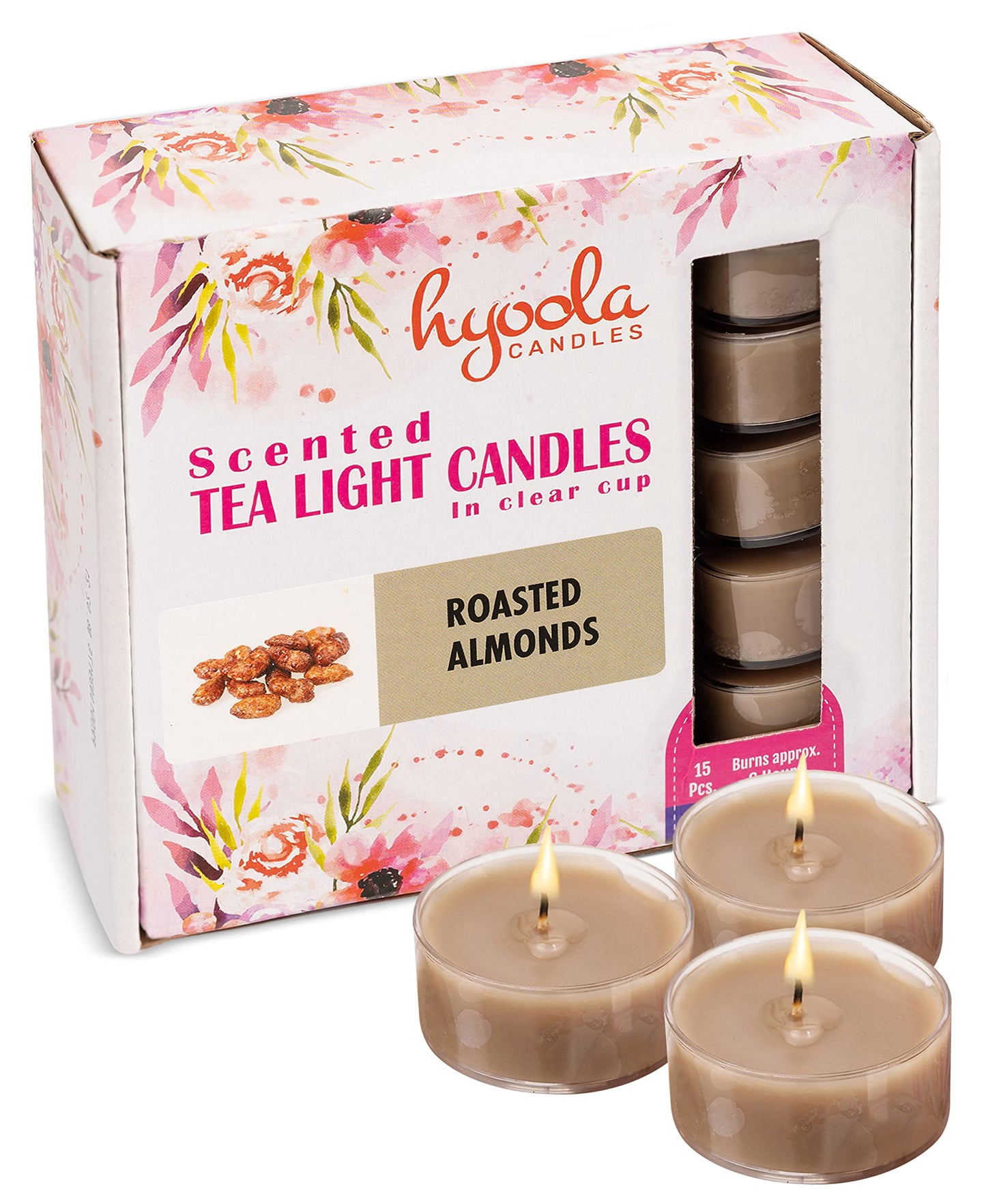 HYOOLA Scented Tealight Candles - Clear Cup - Roasted Almonds Tealight Candles Scented - 6 Hour Burn Time - 15 Pack - European Made