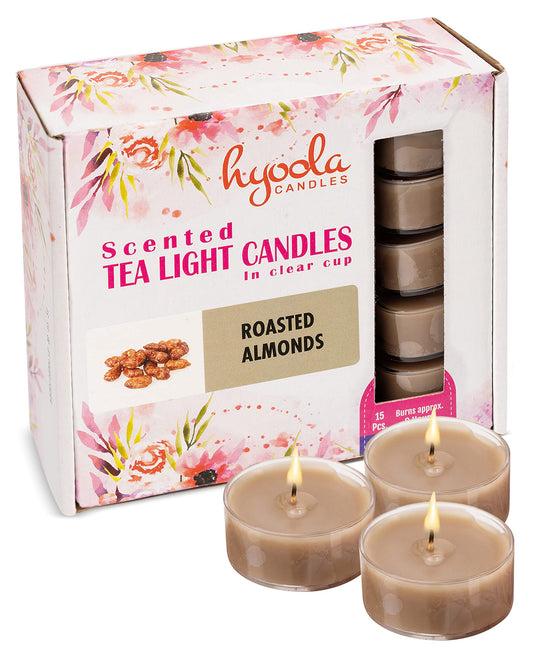 HYOOLA Scented Tealight Candles - Clear Cup - Roasted Almonds Tealight Candles Scented - 6 Hour Burn Time - 15 Pack - European Made