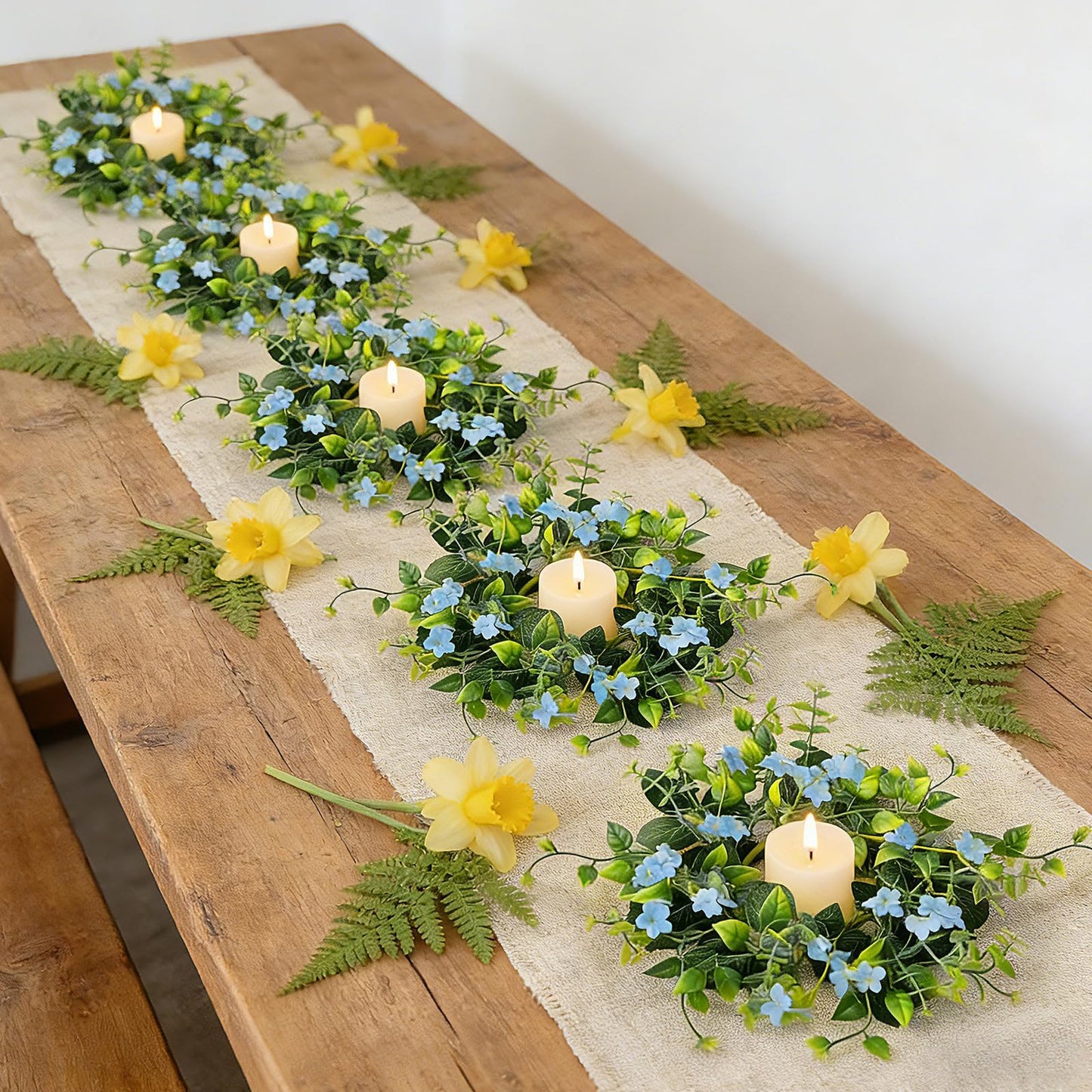 6 Pcs Small Spring Summer Candle Ring Wreaths with Artificial Green Leaves and Trailing Vines Mini Candle Holder Wreath with Blue Flowers for Home Kitchen Table Centerpieces Front Door