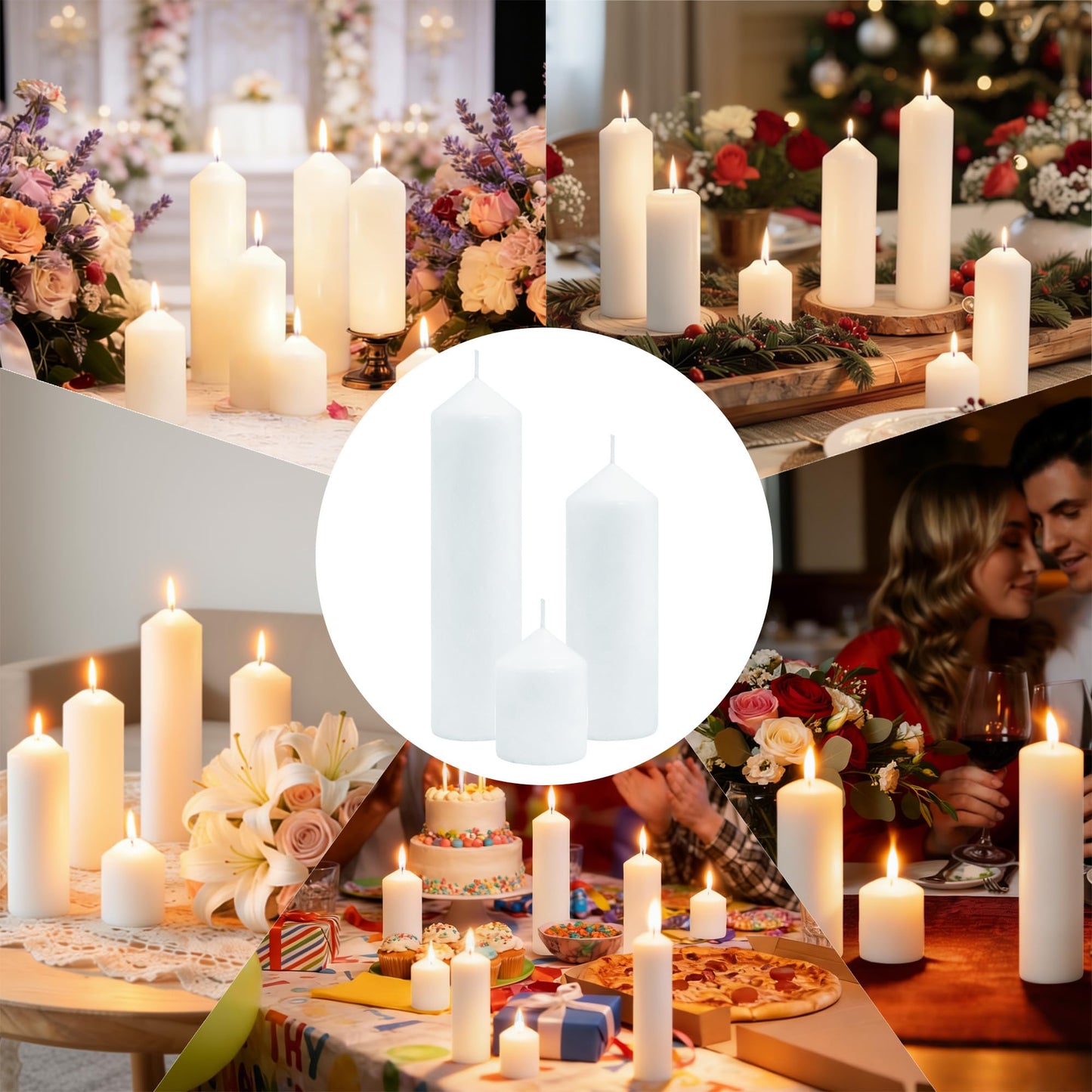 HTTBEIZI Pillar Candles Bulk Set - Unscented, Smokeless, Dripless | 3 Sizes: 2x3, 2x6, 2x8 Inches | Ideal for Weddings, Christmas & Home Decor (36, White)