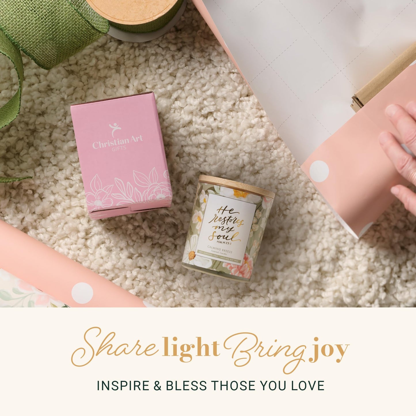 Christian Art Gifts Soy Wax Scented Candle: He Restores My Soul Bible Verse, Calming Breeze Scent, Pure Essential Oils, 4.5 oz, Up to 20 Hours Burn Time, Glass Jar w/Bamboo Lid, Encouragement Gift