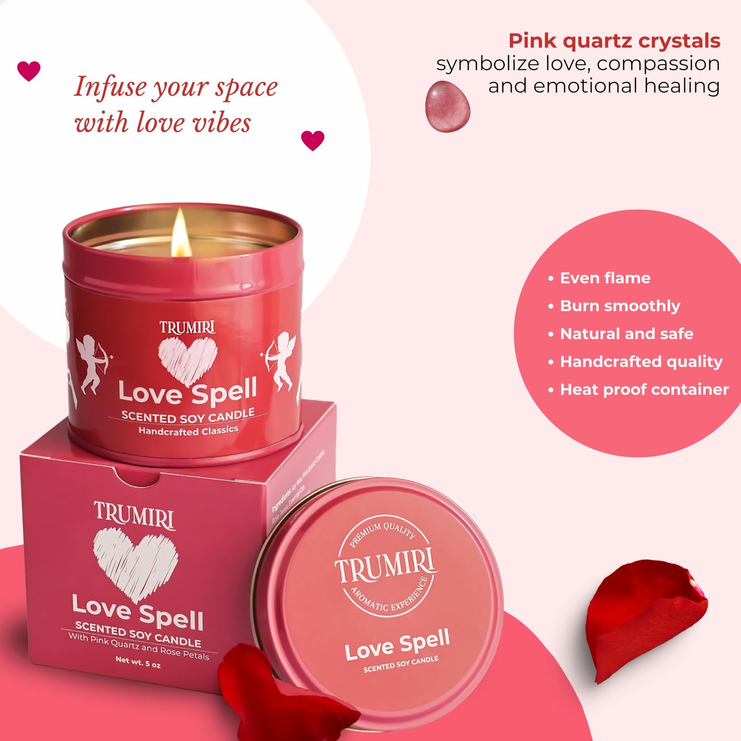 Love Spell - Scented Candles for Women & Men with Rose Petals and Crystals - 5oz Soy Clean Organic Non Toxic - Velas Aromáticas - Aromatherapy Spa Valentines Gift Home Décor Aesthetic Candel