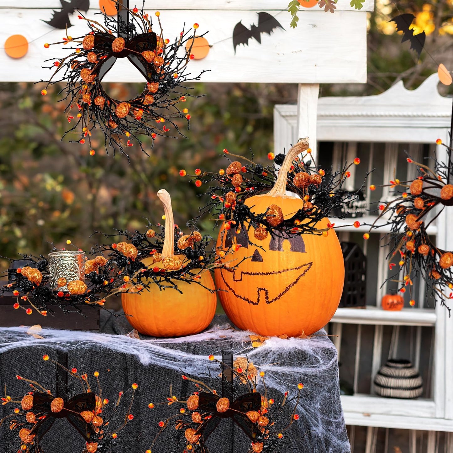 8 PCS Halloween Candle Rings Wreaths Black Orange Berries & Pumpkin Candle Rings Mini Wreath 3.5 Inch Center for Pillar Candle Halloween Fall Thanksgiving Party Home Table Indoor Decorations