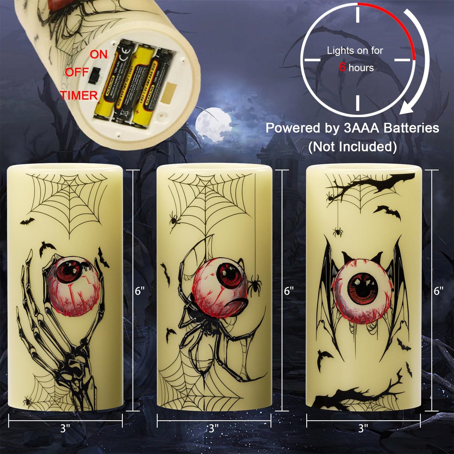 DRomance Halloween Flameless Flickering Candles Battery Operated with Timer, 3 Pack Real Wax LED Pillar Candles Spooky Bloody Eyes Spider Decals Dinner Halloween Decorations Indoor(3" D x 6" H)