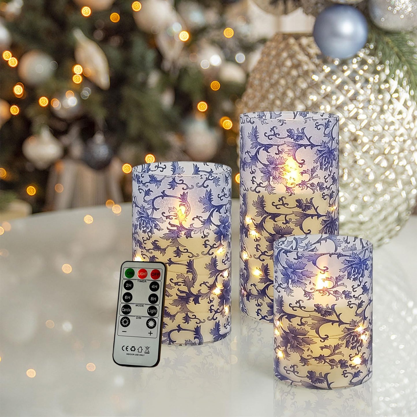 Flickering Flameless Candles Blue and White Porcelain Print, Embedded Star String Lights, Battery Operated Acrylic LED Pillar Candles with 11-Key Remote and Timer for Home Decoration, 3 Pack