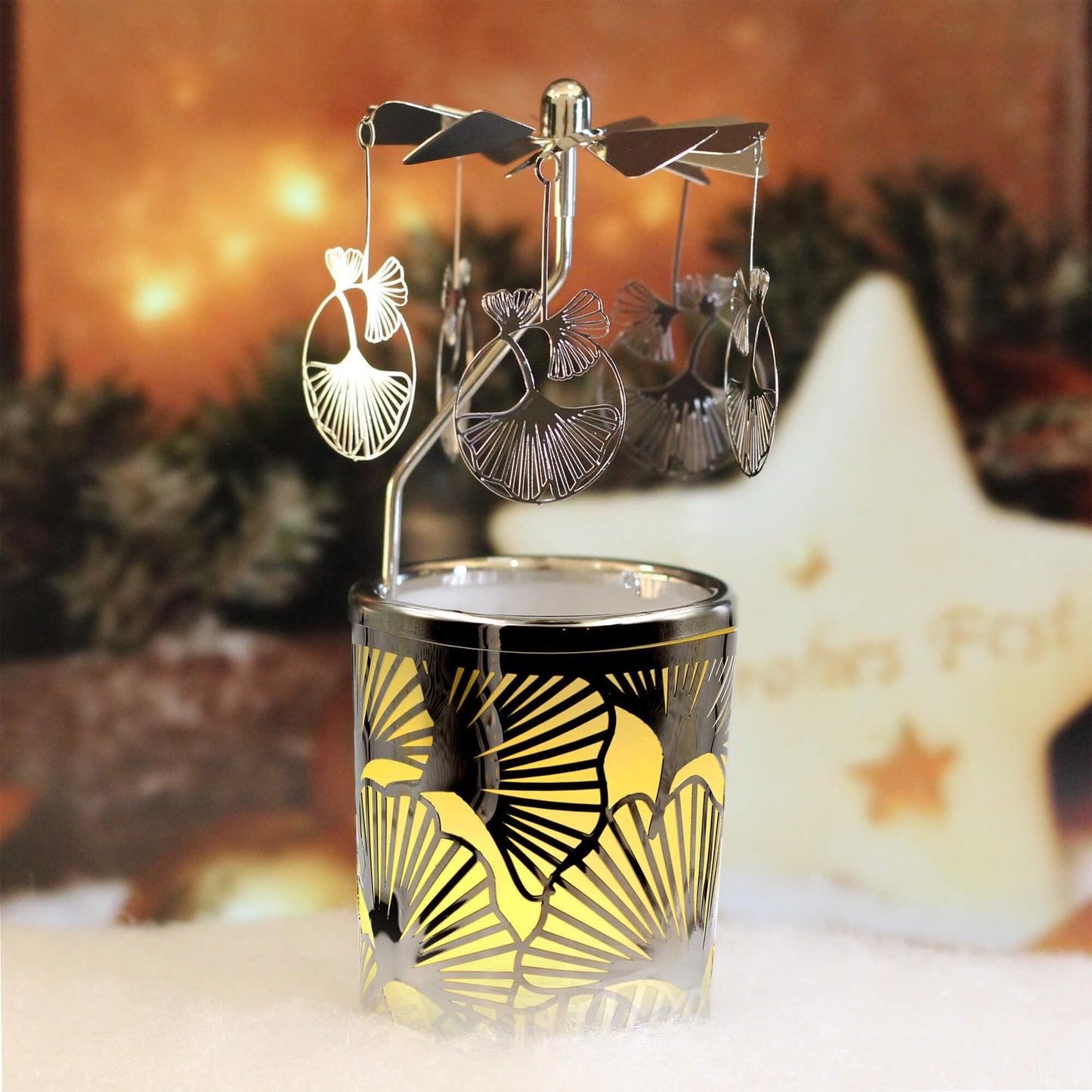 Candle Carousel Rotary Candle Holder Christmas Carousel Spinning Tealight Candleholder Christmas Decoration Centerpieces for Tables Valentine Easter (Gold Ginkgo Leaf)