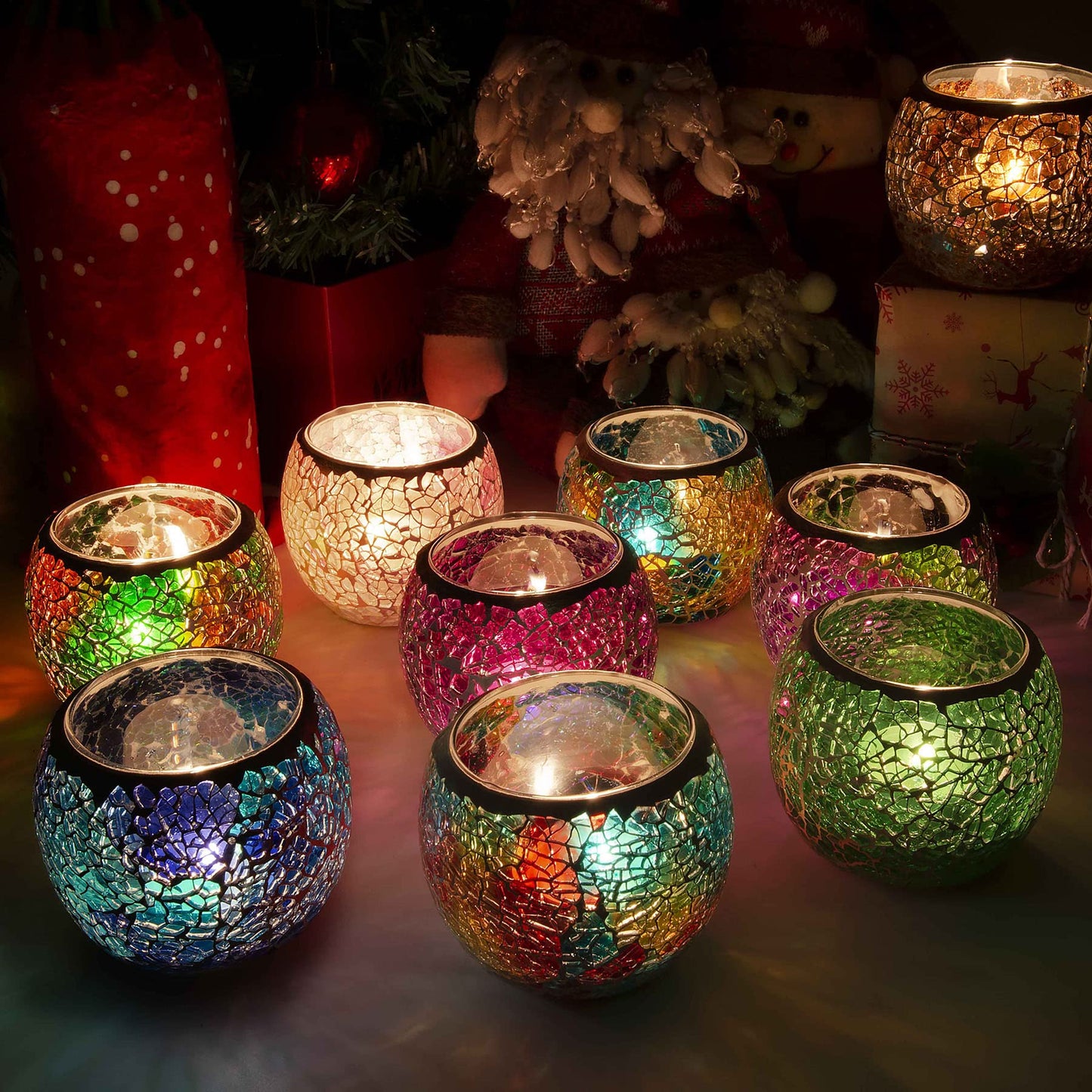 Rancco Glass Votive Candle Holder for Tealight, Romantic Mosaic Cracked Candle Holder, Candle Lamp Aromatherapy Candlescape Bowl for Valentine's Thanksgiving, Christmas Table Centerpiece, Party Decor