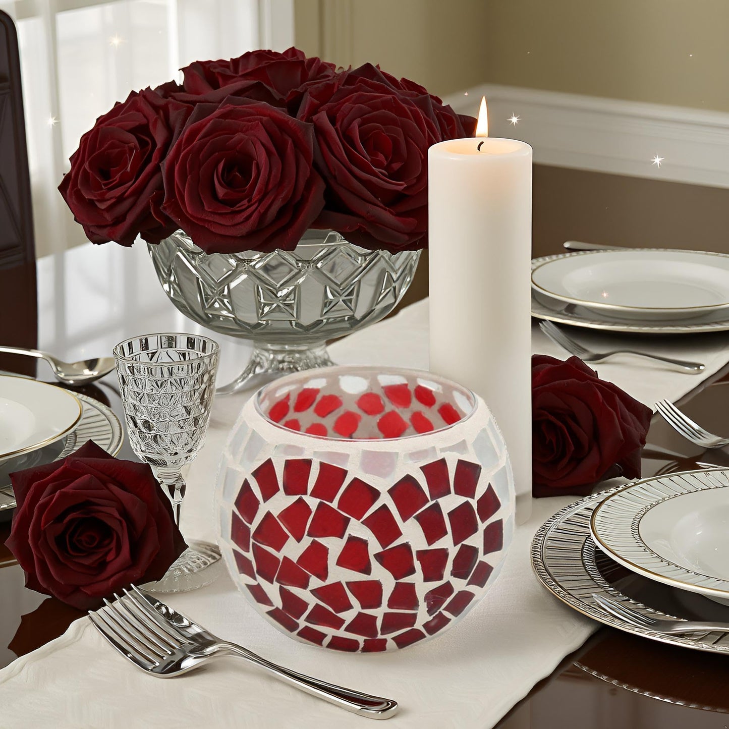 Mosaic Candle Holder, Hundreds of Small Glass Pieces Making Love Heart Pattern Delicate Mosaic Glass Tea Light Candle for Restaurants Bars