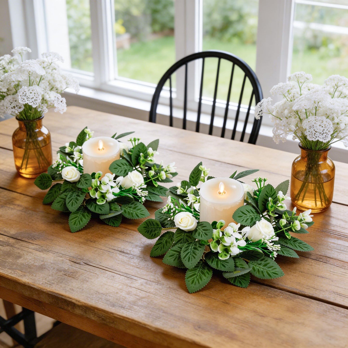 10PCS Wedding Rose Candle Rings Artificial Floral Eucalyptus Leaves Wreaths Faux Candle Rings Summer Greenery Candleholders Garland Pillar Holder for Bridal Shower Bachelorette Party Table Decor
