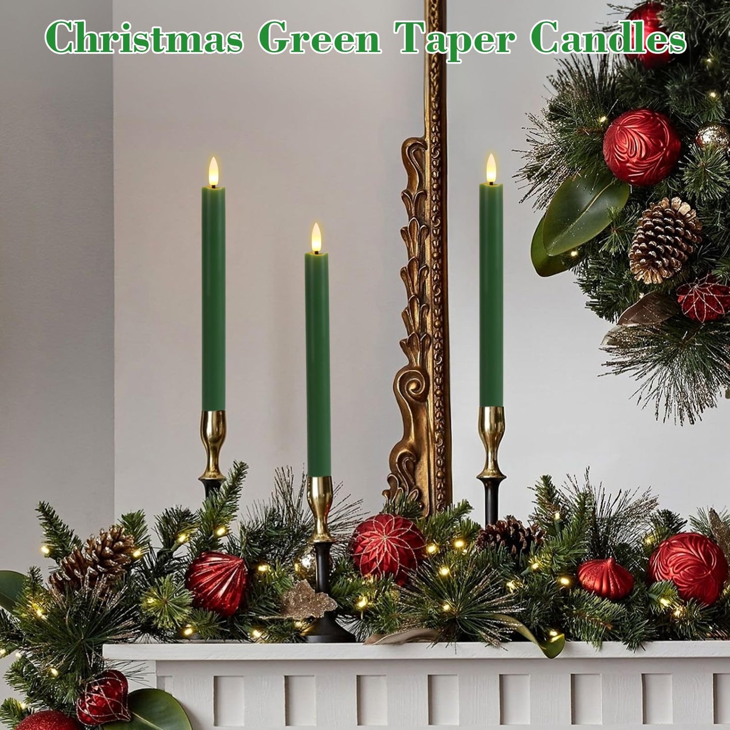 GenSwin FlamelessTaper Candles Flickering with 10-Key Remote, Battery Operated Led Warm 3D Wick Light Window Candles Real Wax Pack of 3, Christmas Home Wedding Decor(Green, 0.78 X 9.64 Inch)