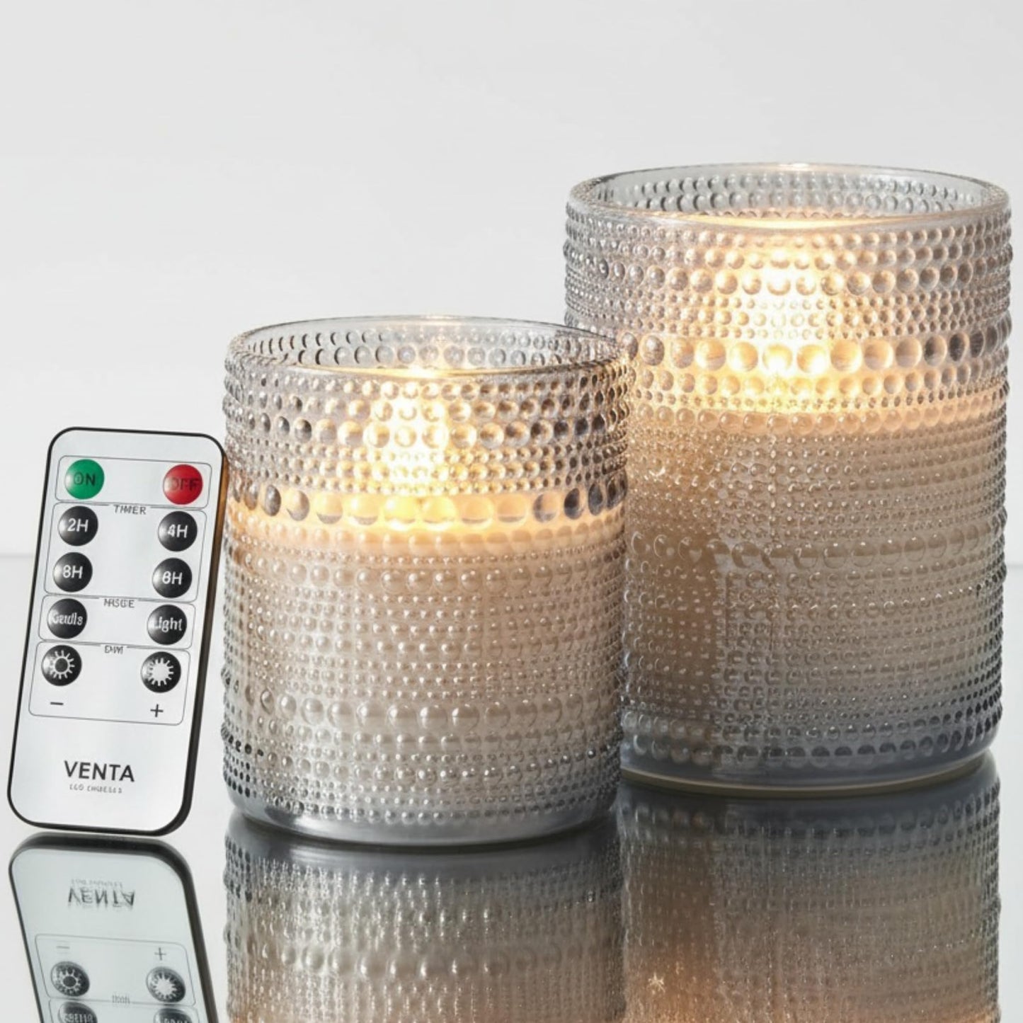 VENTA Stunning Grey Dotted Glass Flameless Candles 2-Pack with Realistic Flickering Glow | Includes Remote & Timer | Battery Operated LED Set for a Cozy & Chic Home Decor Accent