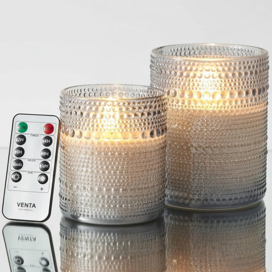 VENTA Stunning Grey Dotted Glass Flameless Candles 2-Pack with Realistic Flickering Glow | Includes Remote & Timer | Battery Operated LED Set for a Cozy & Chic Home Decor Accent