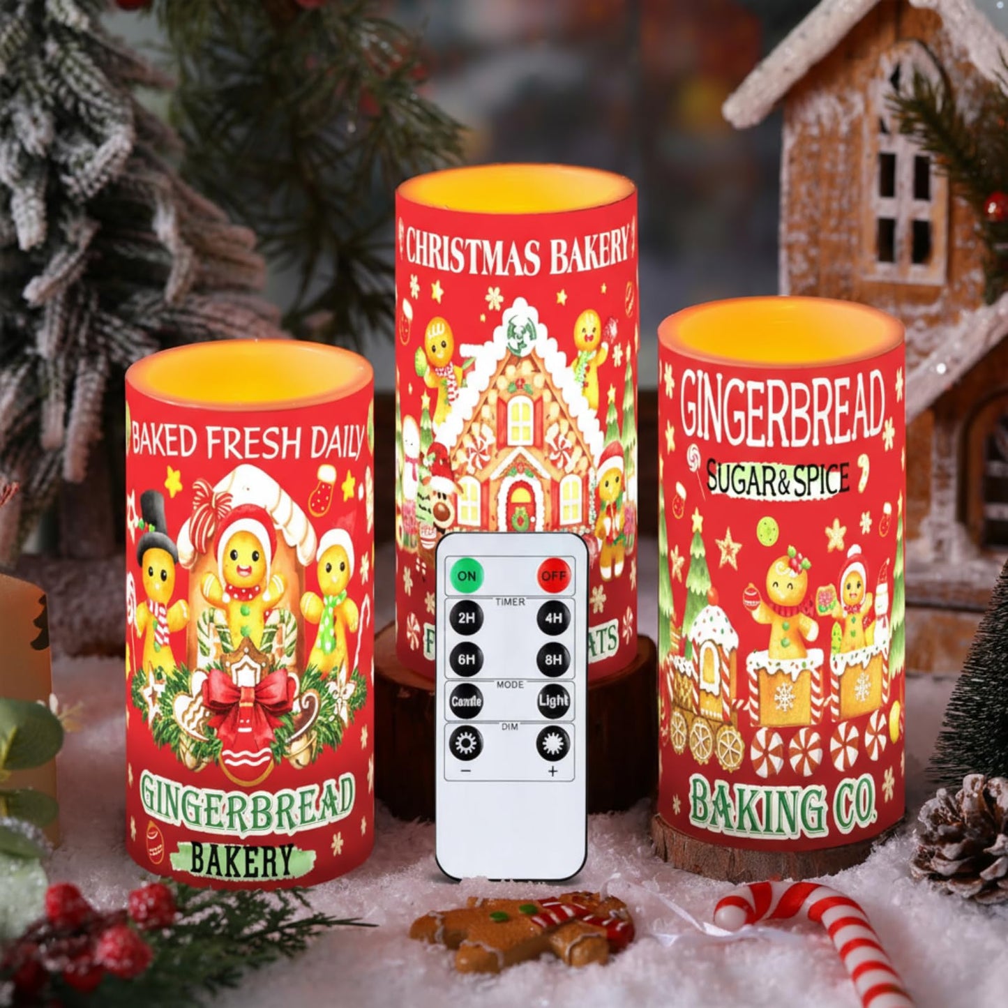 Retisee 3 Pcs Christmas Flameless Candles with Remote Timer Gingerbread Man Real Wax LED Flickering Pillar Candle White Cold Light Battery Operated for Home Window Xmas Gift Winter Holiday Decor