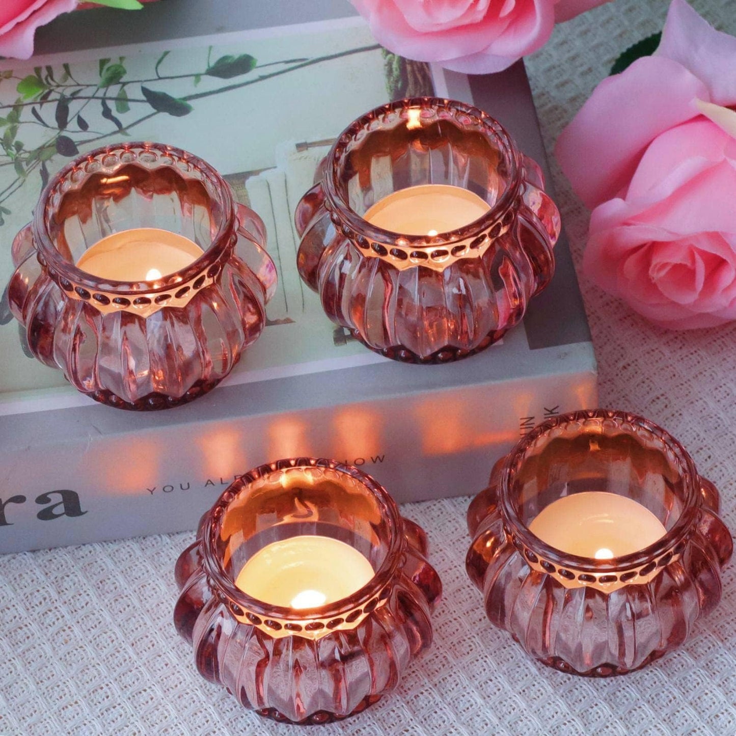Woho 12pcs Rose Gold Tea Lights Candle Holder for Wedding Party, Glass Tealight Candle Holder for Valentines Day Decor, Votive Candle Holders for Home Decor
