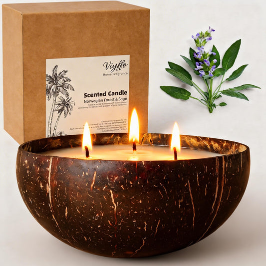 Viyffo Large Non Toxic Soy Candle - Spring Forest & Sage, 18oz 3 Wick Scented Candle for Women & Men, Natural Coconut Shell Jar Perfect for Home Decor & Unique Nature Gift