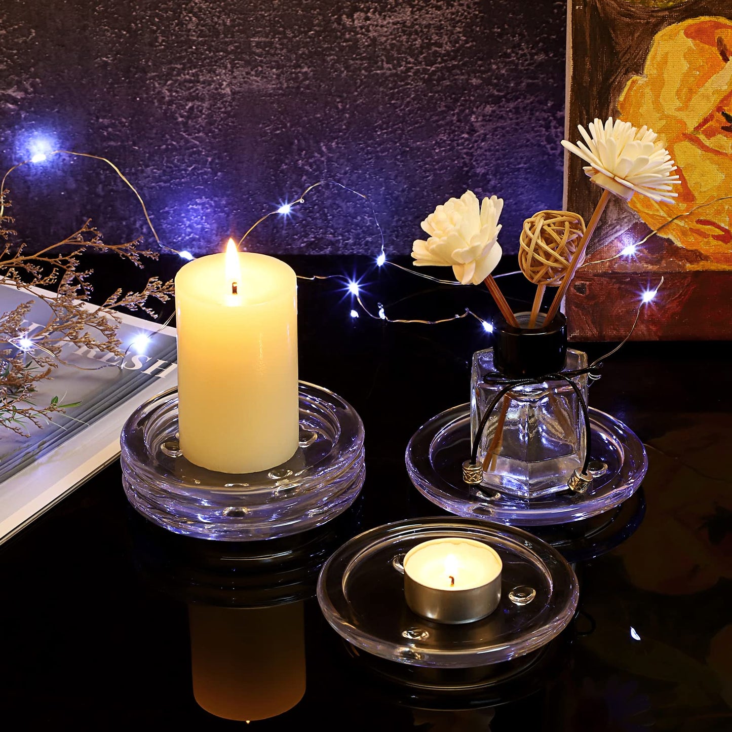 OwnMy 5PCS Clear Glass Candle Plates 3 Inch Pillar Candle Holders, Glass Coasters Small Round Candle Base & Plates and Trays for Dining Wedding Table Centerpieces