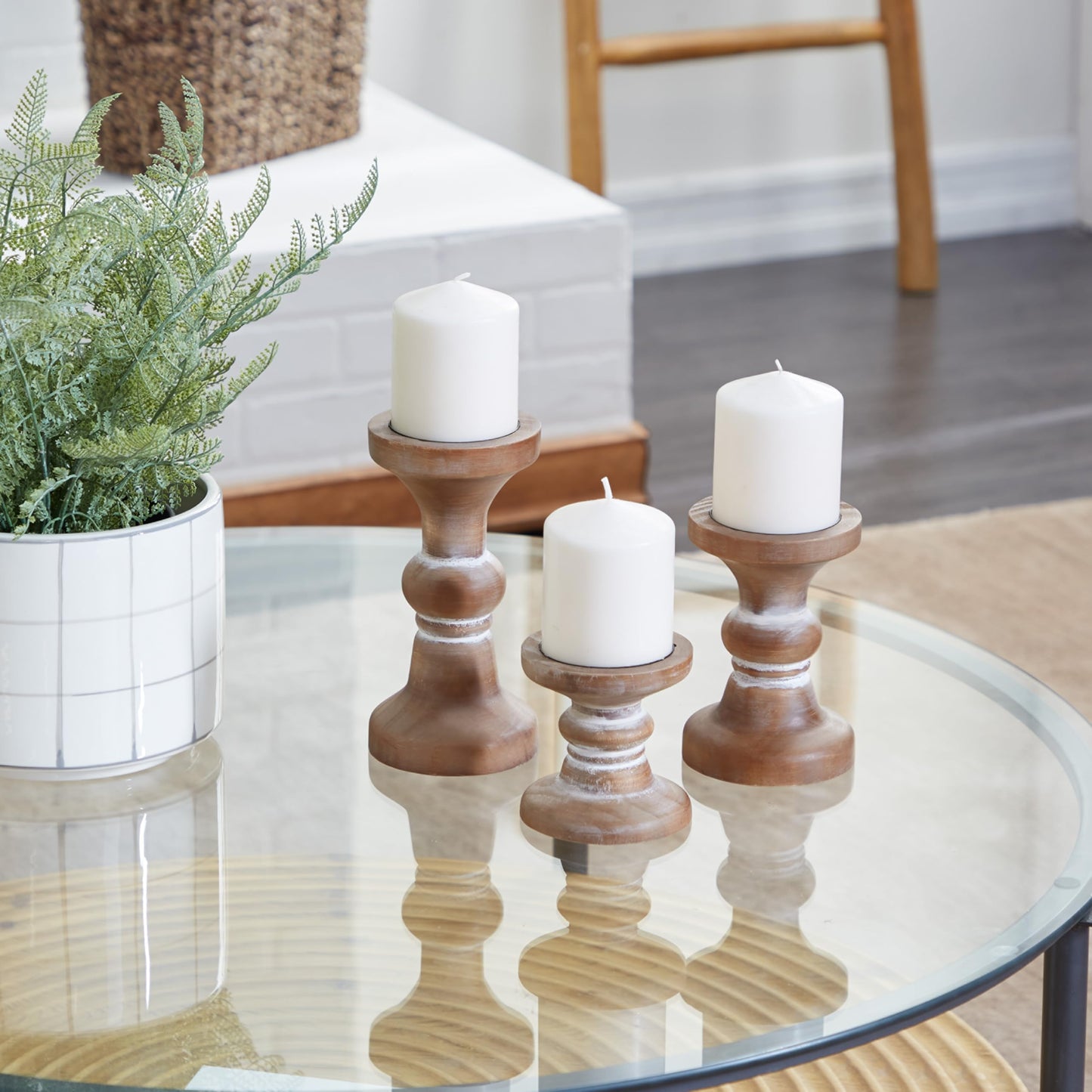 Deco 79 Wood Decorative Candle Holder Beaded Pillar Candle Stand, Set of 3 Candlestick Holder 4", 6", 8"H, Brown