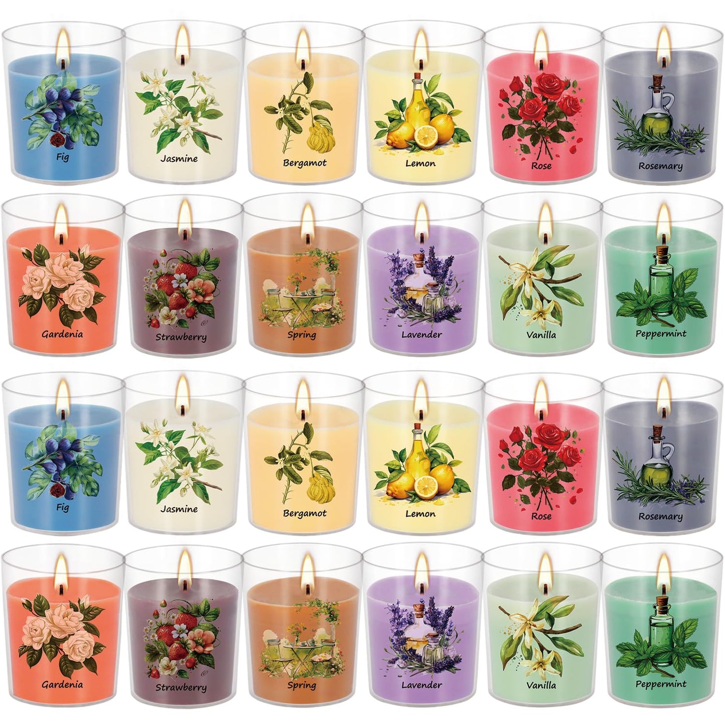Aromatherapy Candles Set - 24 Pack Scented Candles with 12 Natural Fragrances, Votive Candles in Clear Plastic Jars for Home Decor, Stress Relief, Sleep, Ideal Gift for Women,Mother's Day, Birthday.