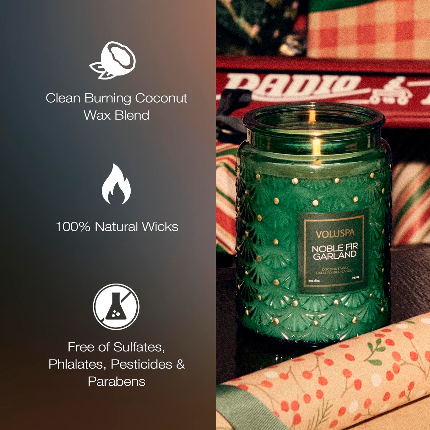 Voluspa Noble Fir Garland, Large Candle Jar, 18oz, Coconut Wax Blend, Scented Candles for Home, 100 Hour Burn Time, Poured in the USA