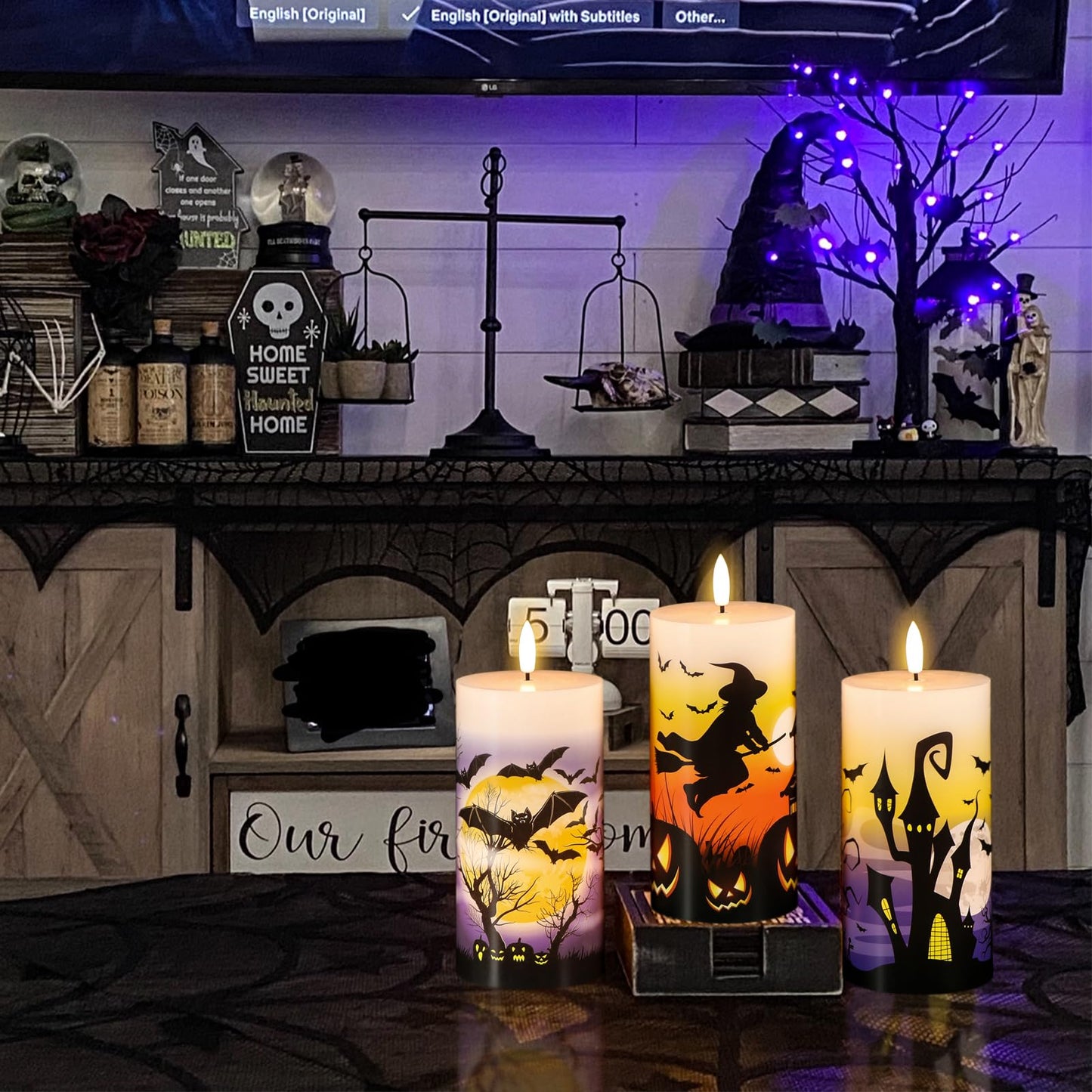 DRomance Halloween Flameless LED Candles Battery Operated with Remote and Timer, Real Wax Flickering Pillar Candles 3D Wick Dimmable Light Castle Witch Bats Halloween Decor(3 Pack, 3 x 6 Inches)