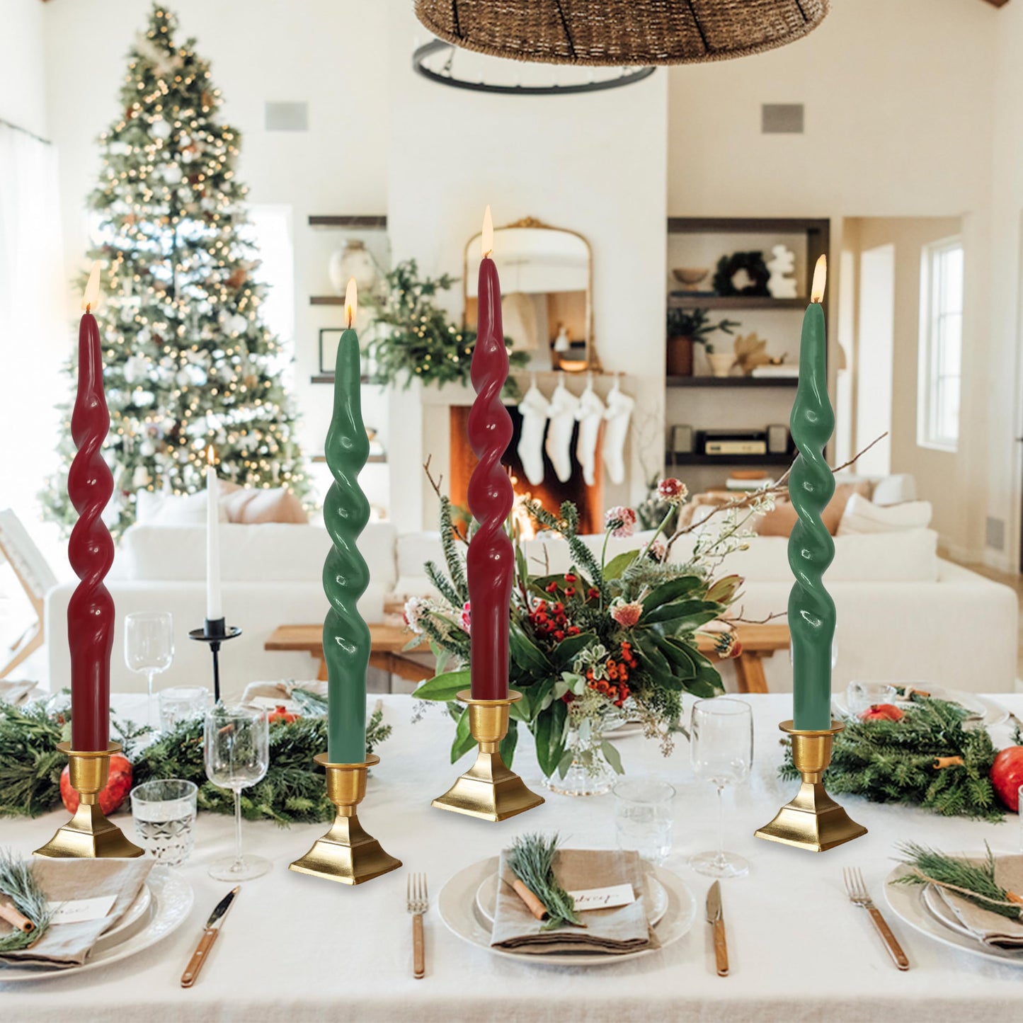 Spiral Taper Candles Set of 4, Red Green 10 Inch Handmade Candle Stick, Unscented Candlesticks, Tapered Candles for Christmas Holiday Dinner Table Decor Gift