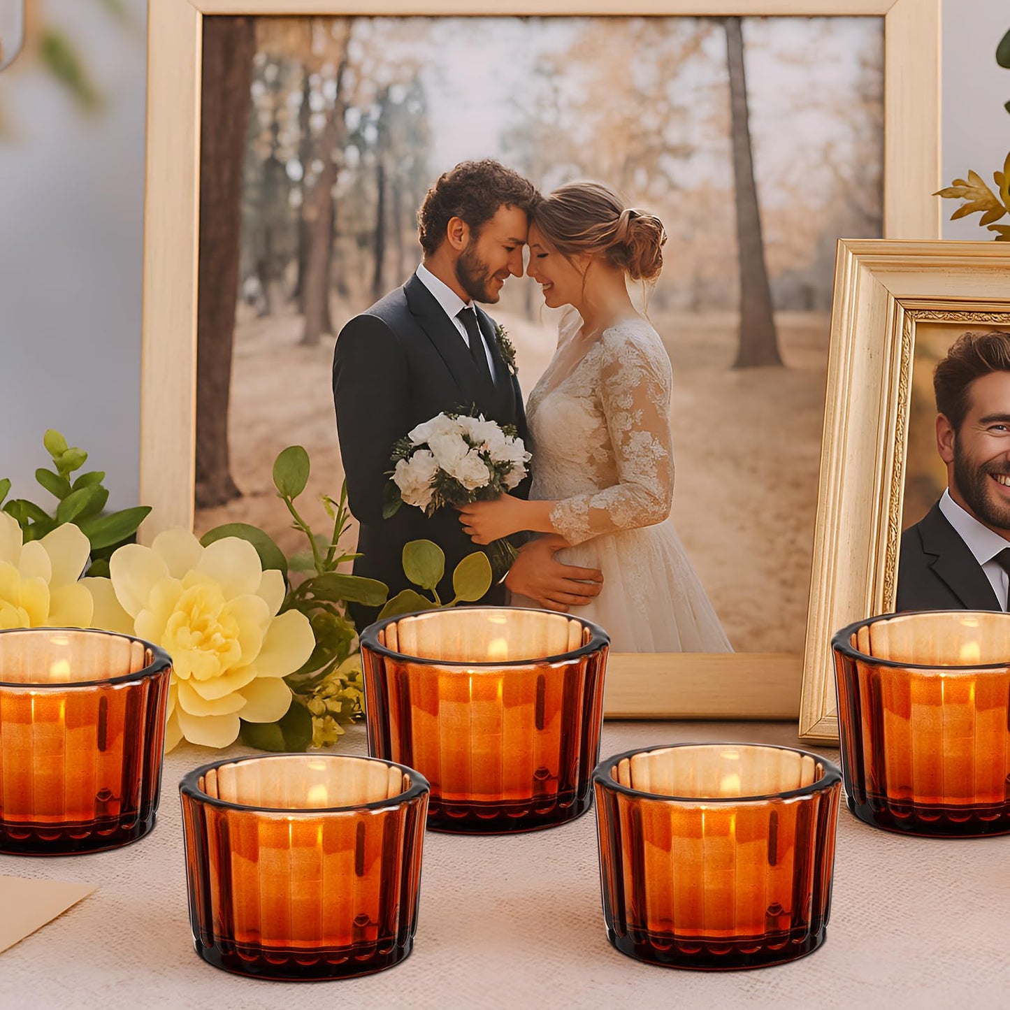 Mumufy 100 Pcs Glass Tealight Candle Holder Ribbed Votive Candle Holder for Centerpiece Wedding Proposal Spa Aromatherapy Meditation Home Decor (Amber)