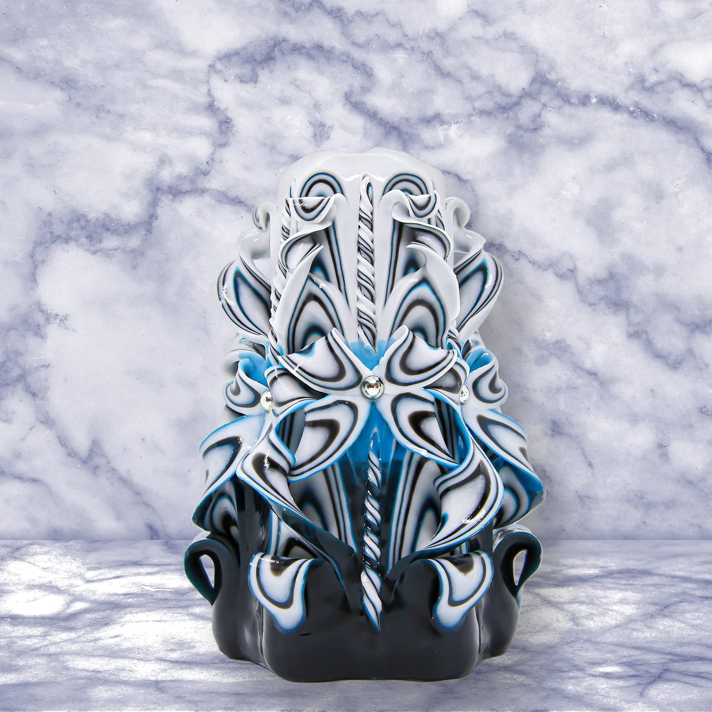 Handmade Carved Candle - Surprise Gift For Her - Decor Birthday Halloween Thanksgiving Christmas - Spiritual Living Room Home Decor Candles - Unique Engagement Wedding Idea - White Blue - Ordagio