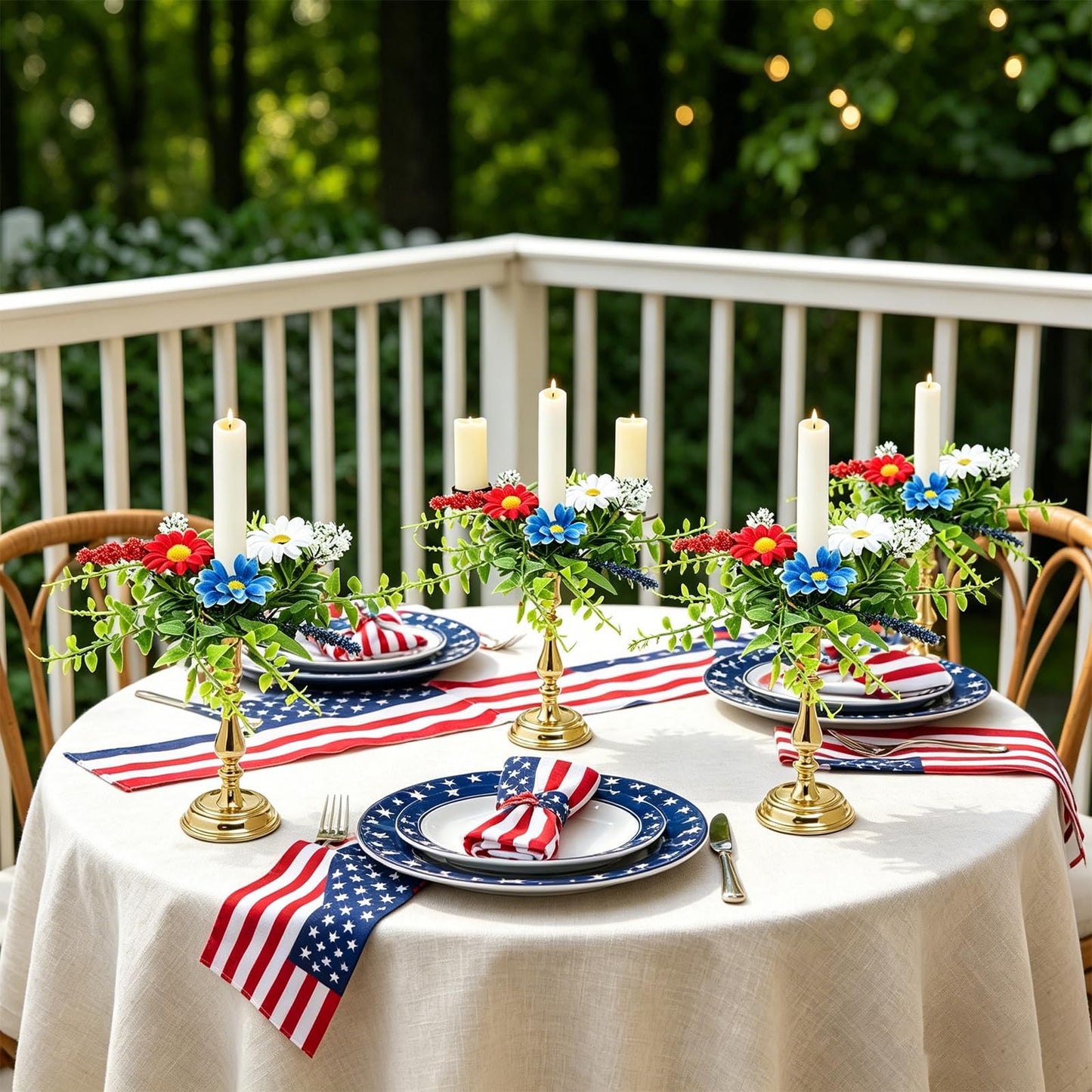 6 PCS Patriotic American Taper Candle Rings Wreaths 1.38" Mini 4th of July Floral Taper Candle Holder with Daisy Artificial Independence Day Table Centerpieces Wreath for Party Home Candlesticks Decor