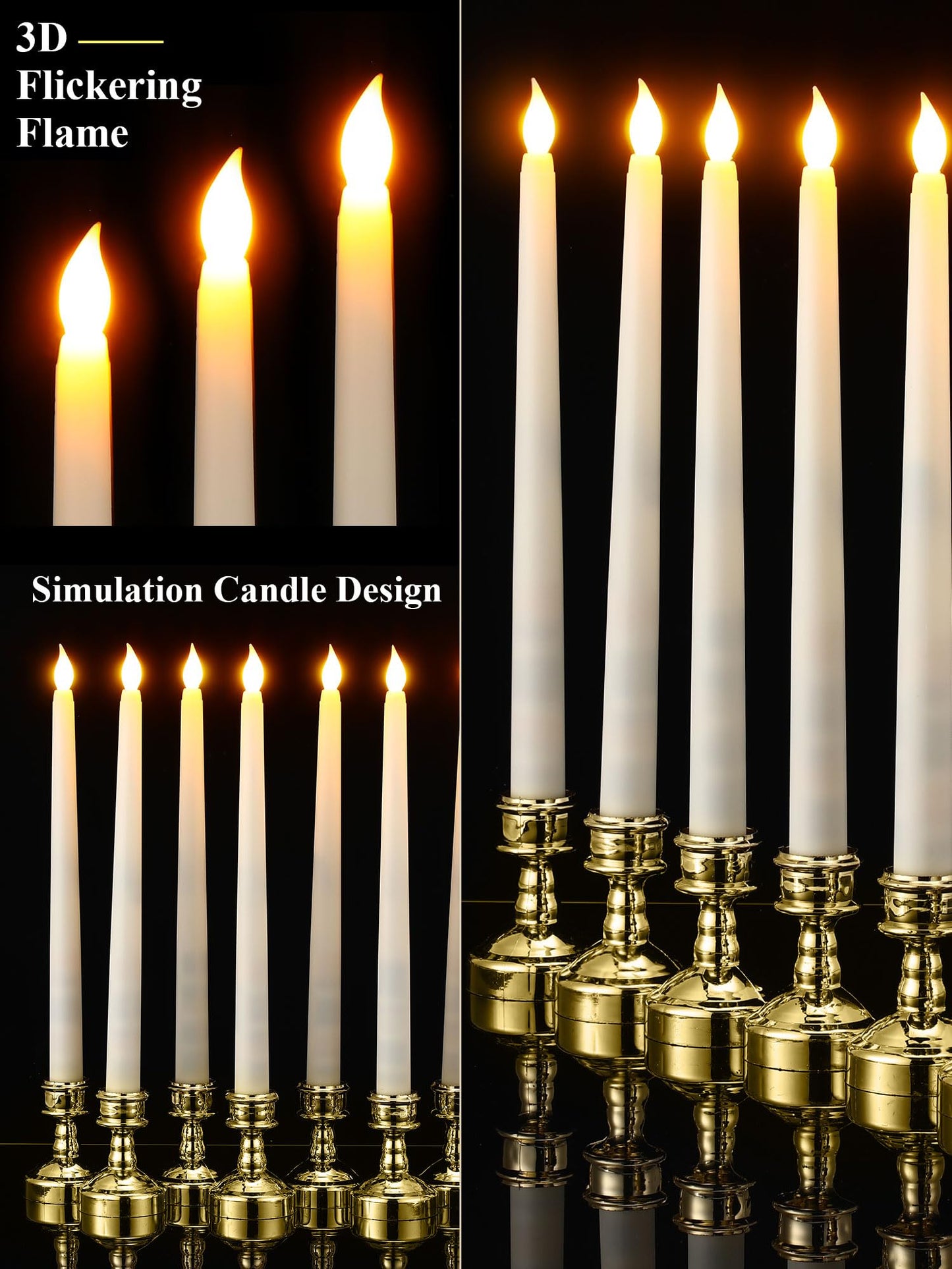 VIHOSE 24 Pcs Flameless Taper Candles with Holders Remote Timer Battery Operated Candles Bulk LED Candlesticks Flickering for Valentines Wedding Home Window Carnival Party Decor(Gold,Classic Style)
