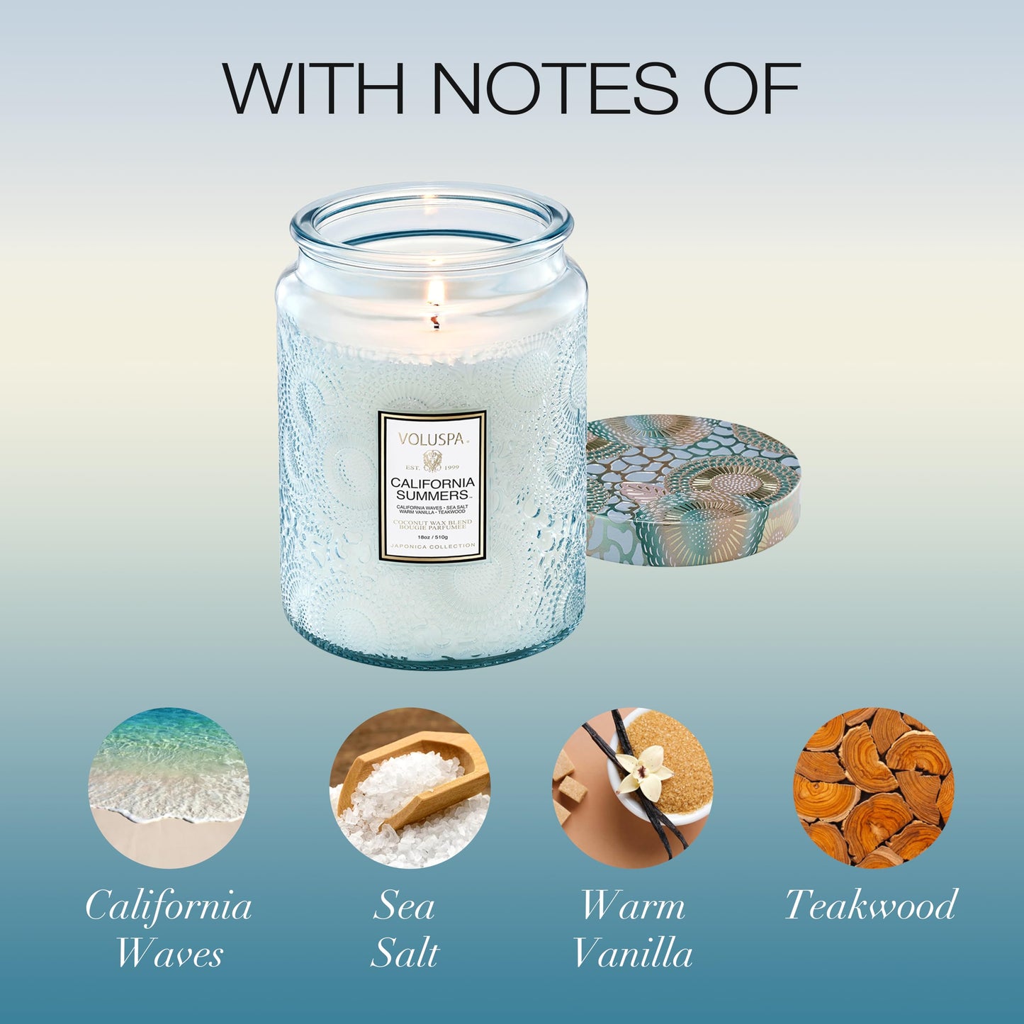 Voluspa California Summers Candle Jar, 18 oz, Coconut Wax Blend, Large Scented Candles for Home, 100 Hour Burn Time, Poured in the USA