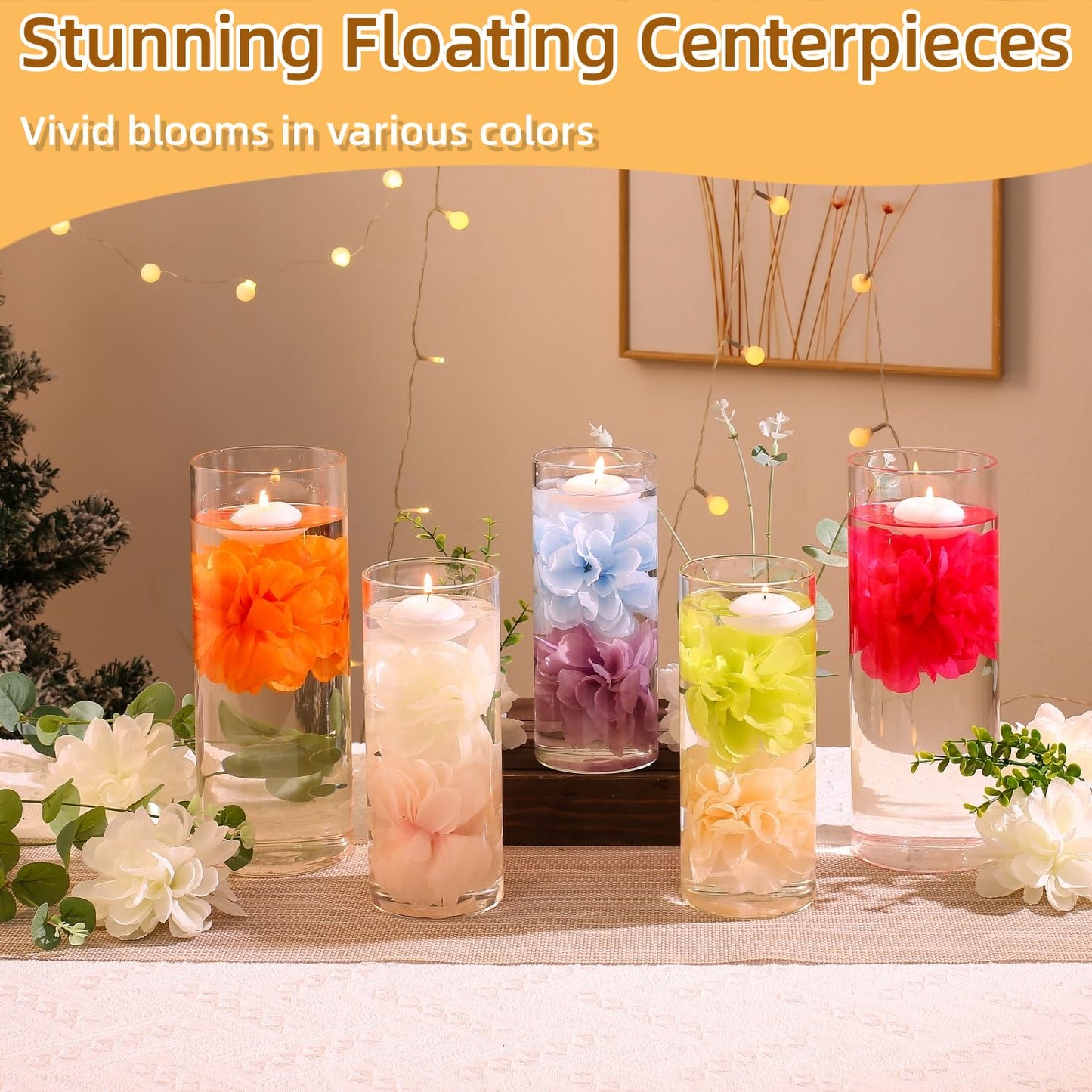 WPPNSY 24 Pcs Floating Candles for Centerpieces and Floating Flowers Artificial Flowers Head Vase Filler for Party Home Table Wedding Centerpieces Decoration (Champagne)