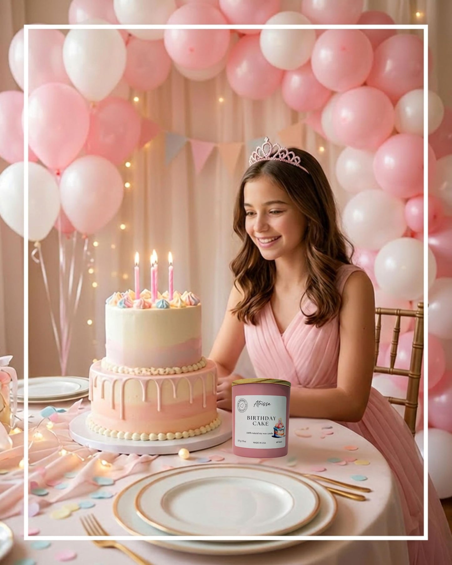 ATRISSA Birthday Cake Scented Candle – 8 oz Coconut Soy Wax, Pink Glass Jar, Handmade in USA, Eco-Friendly Non-Toxic Candle, Sweet Vanilla Cake Aroma Home Gift