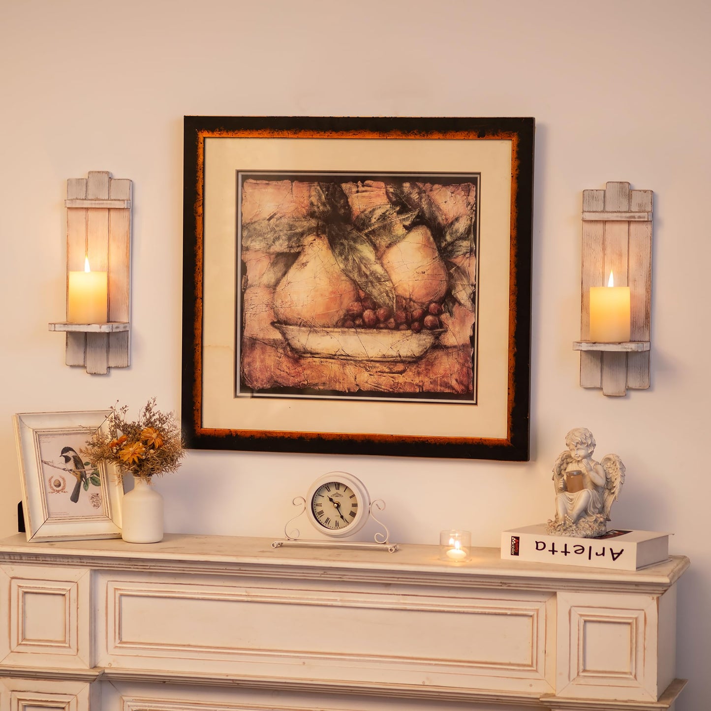 Farmhouse Candle Sconces Wall Decor: Set of Two Rustic Wood Wall Candle Holder - Distressed White Candle Sconces for Bedroom Living Room Bathroom