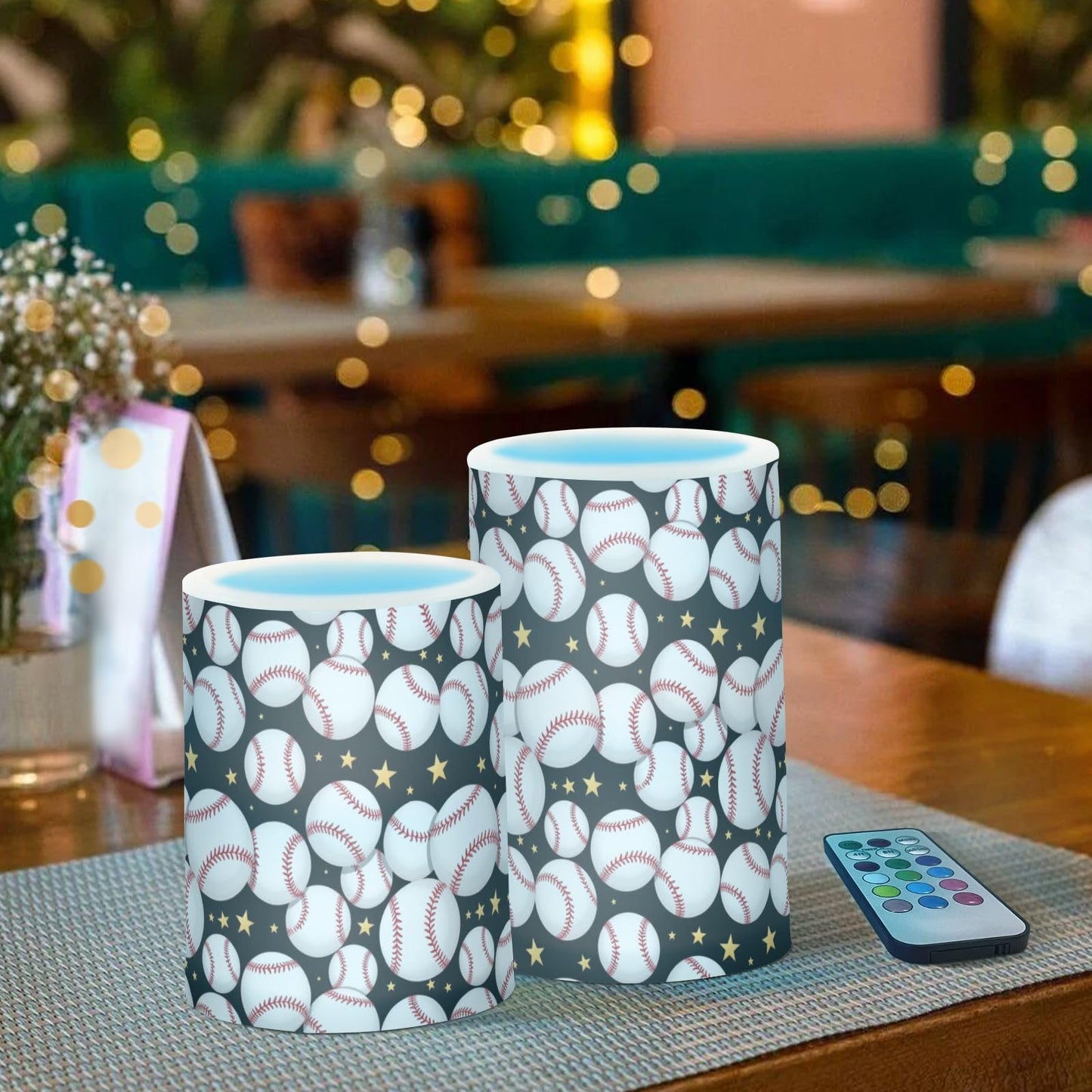 Pigsaly Flameless Candles Battery Operated Black Line Strip Baseball Softball Ball Flickering Led Pillar Candles with Remote Control Colour Changing Warm Light Candles for Halloween Christmas Weddin
