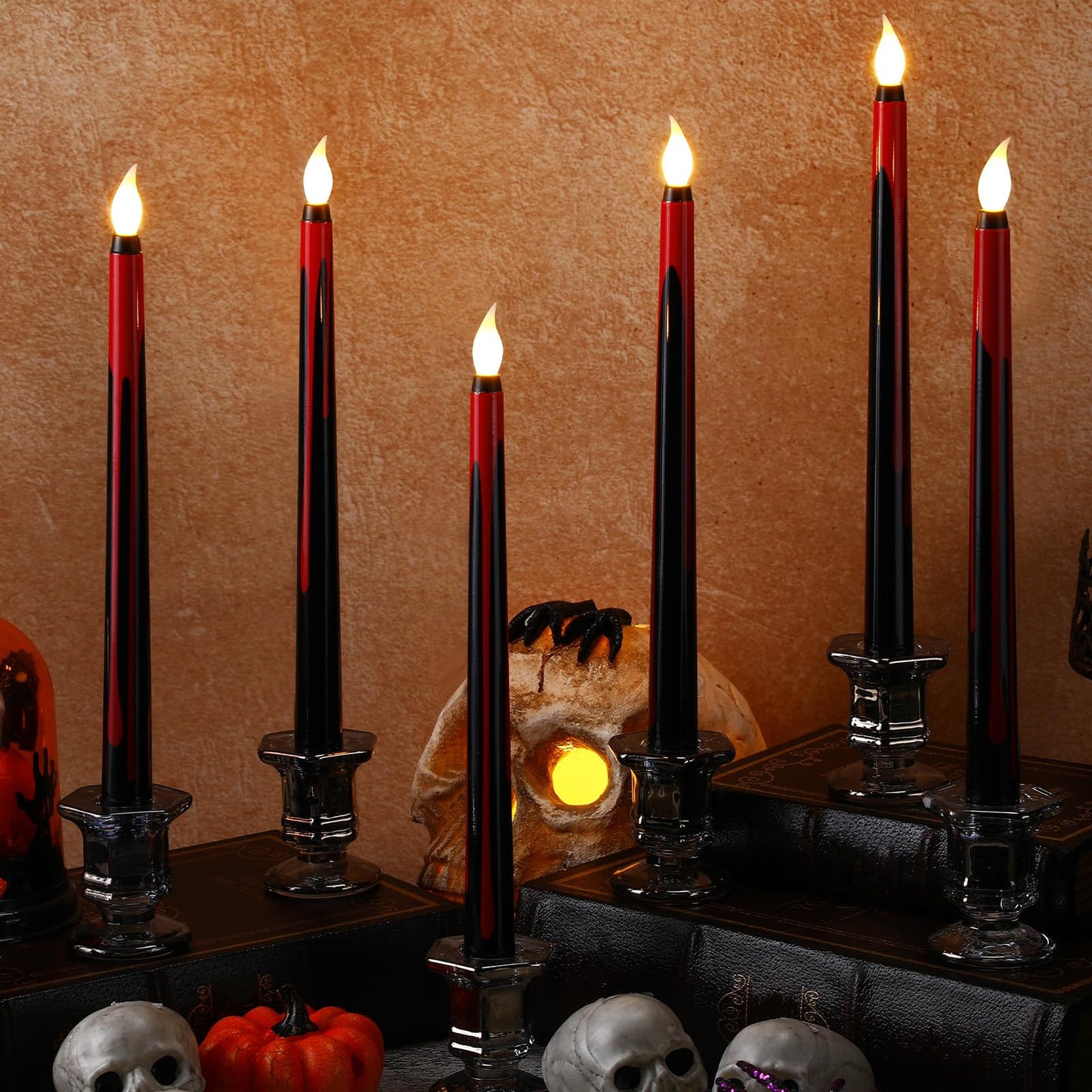 Kittmip 6 Pcs Halloween Flameless Taper Candles 11 Inch Long Red Black Battery Operated LED Bloody Candles Haunted Table Centerpiece for Holiday Party Table Decor