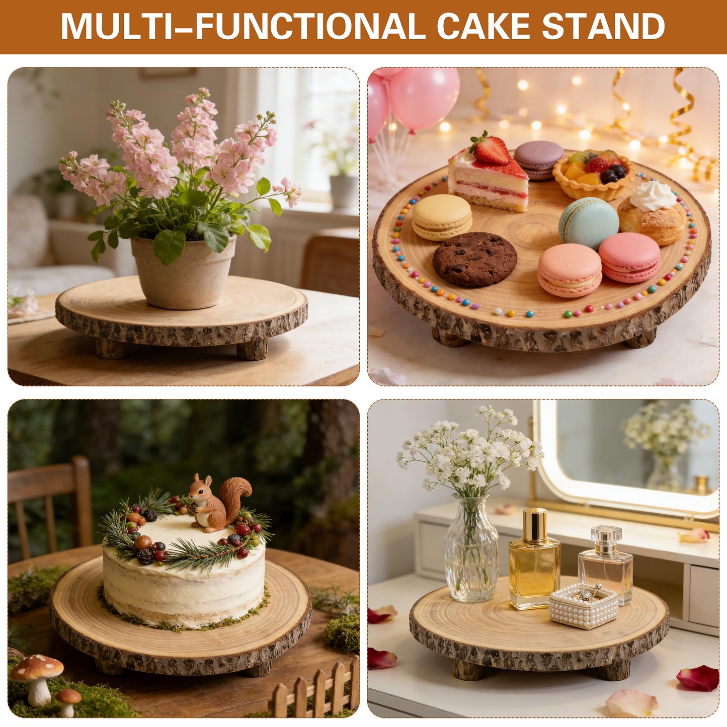 Sukione Wood Cake Stand with 4 Legs, 10-11 Inch Natural Rustic Wooden Slice Cupcake Stand for Wedding, Birthday & Baby Shower, Farmhouse Dessert Display, Woodland-Themed Party, Father's Day Decor