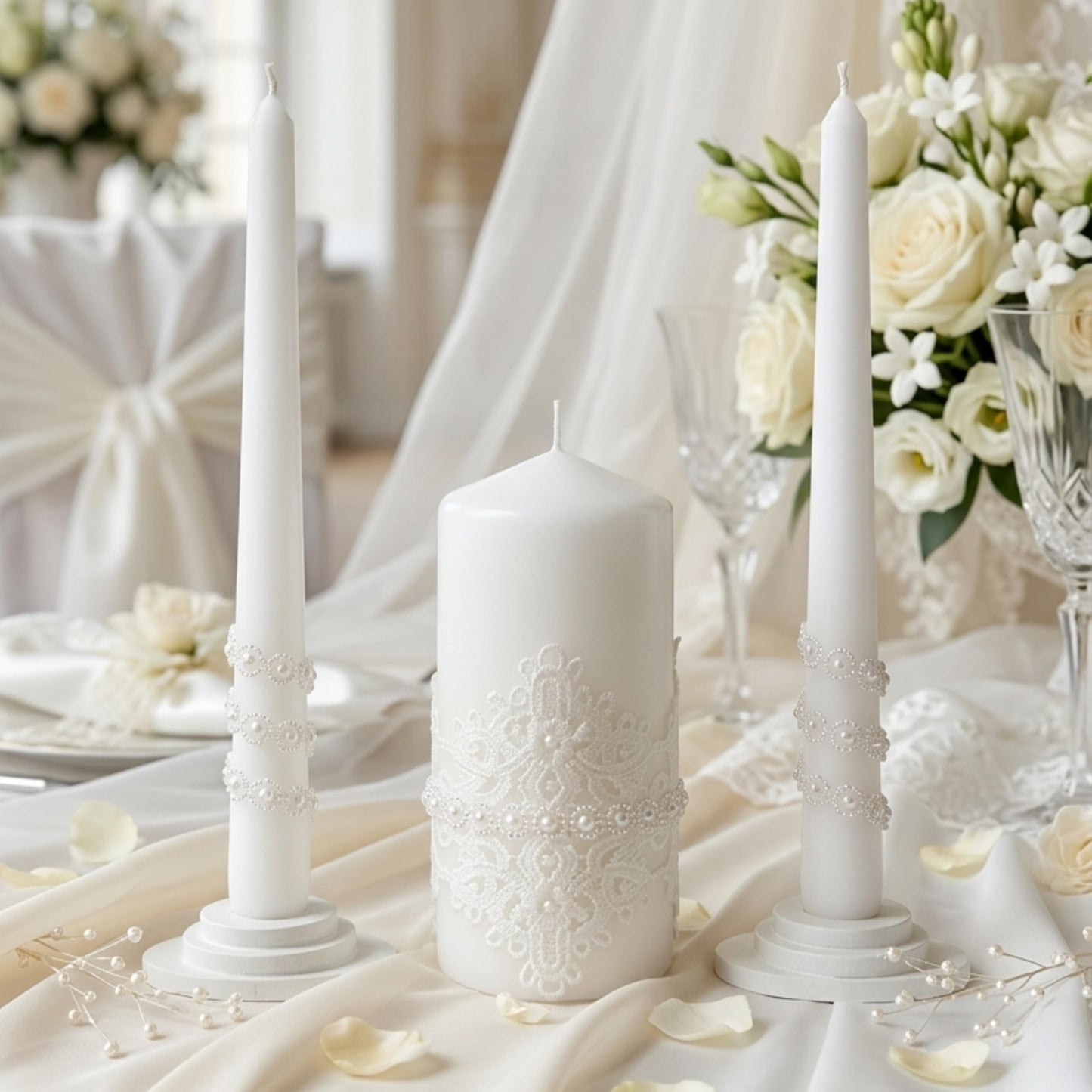 Magik Life Unity Candle Set - Wedding Ceremony & Reception – 6” Pillar & Two 10” Taper Candles – Long Burning Unity Candles for Marriage Ritual – Handmade in USA – White | Lace